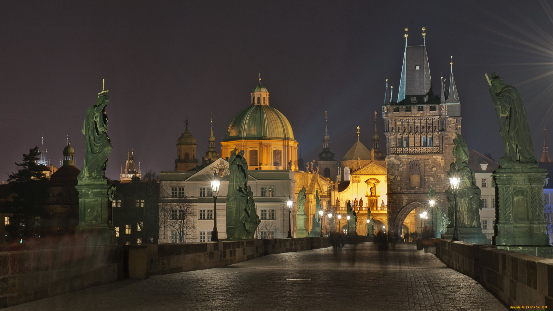 города, прага, Чехия, мост, дома, ночь, огни