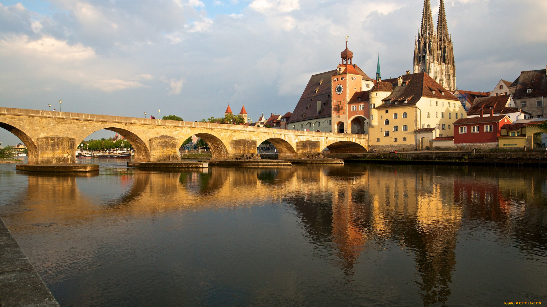 города, регенсбург, германия, мост, река, собор