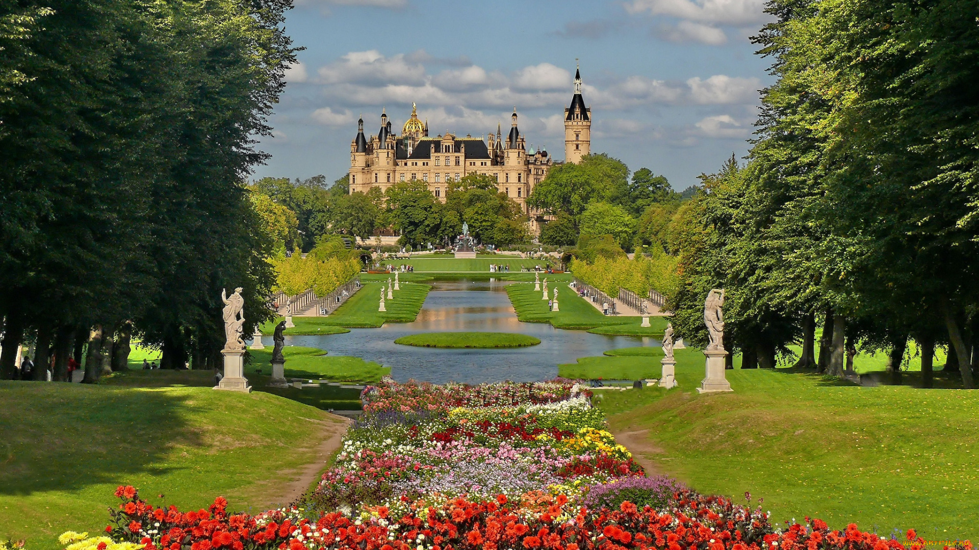 города, замок, шверин, германия, парк, цветы