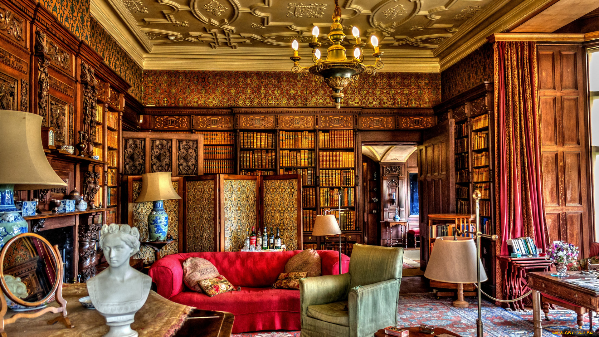 интерьер, кабинет, библиотека, офис, великобритания, англия, замок