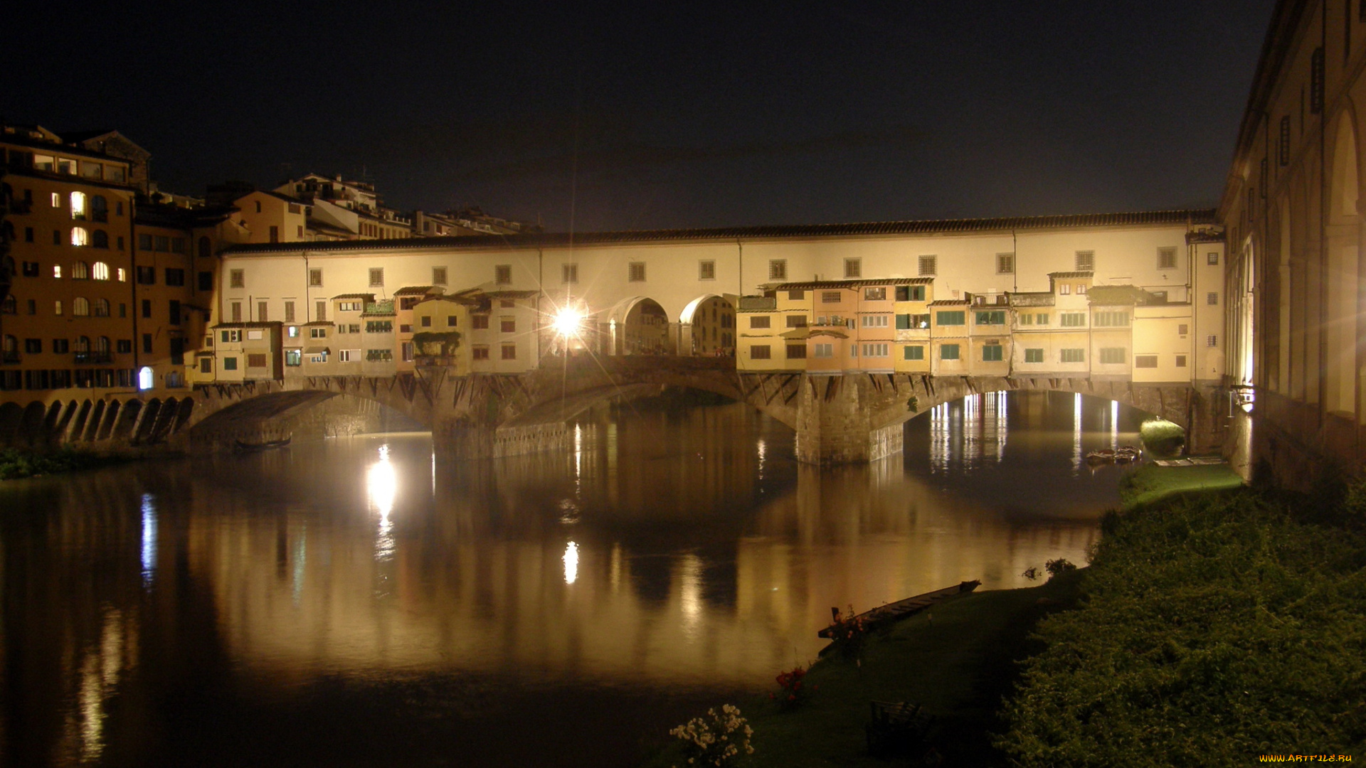 италия, тоскана, флоренция, города, огни, ночь, дома, мост