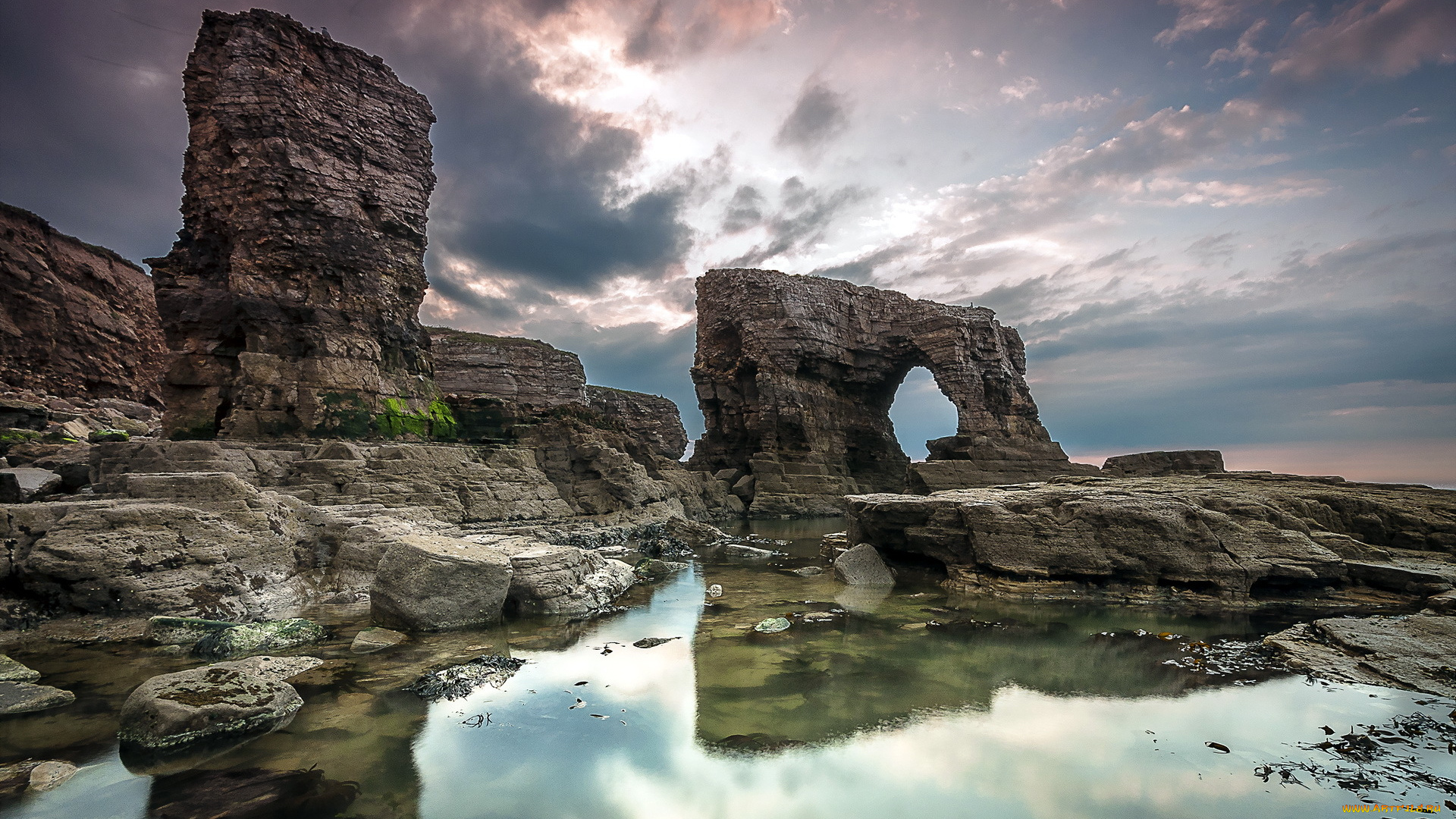 природа, побережье, море, залив, скалы, камни, тучи