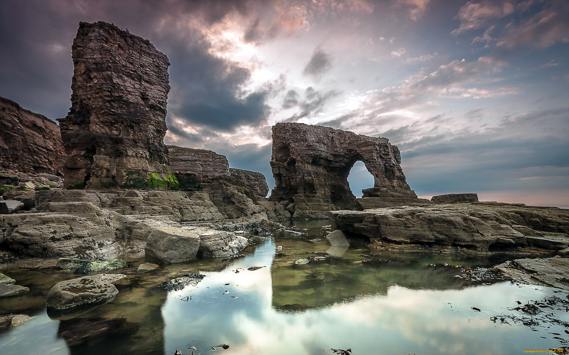 природа, побережье, море, залив, скалы, камни, тучи