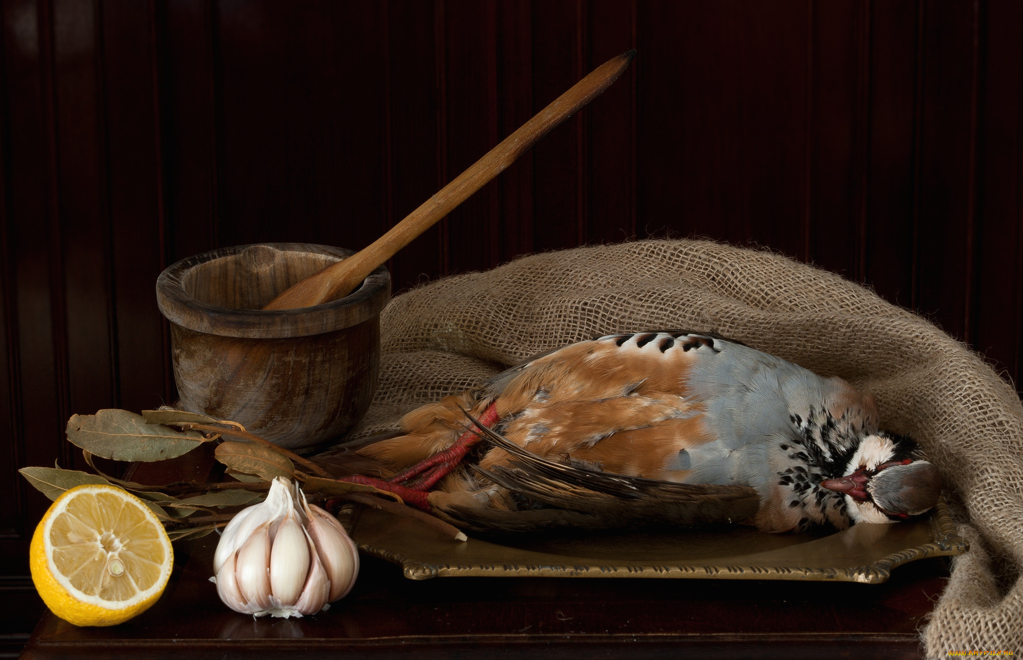еда, натюрморт, голландский, ступка, лимон, чеснок, дичь