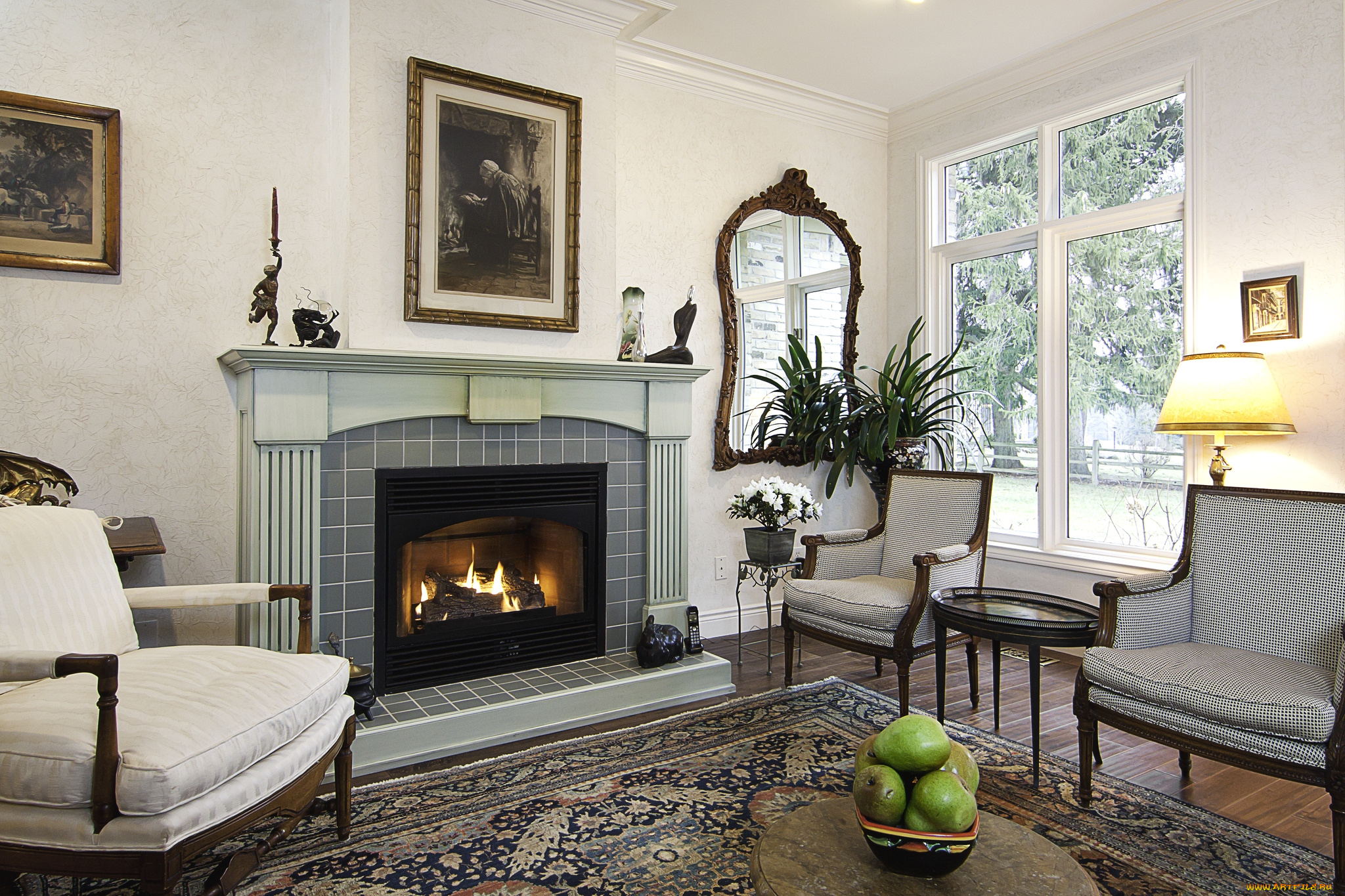 интерьер, гостиная, камин, кресла, картина, зеркало