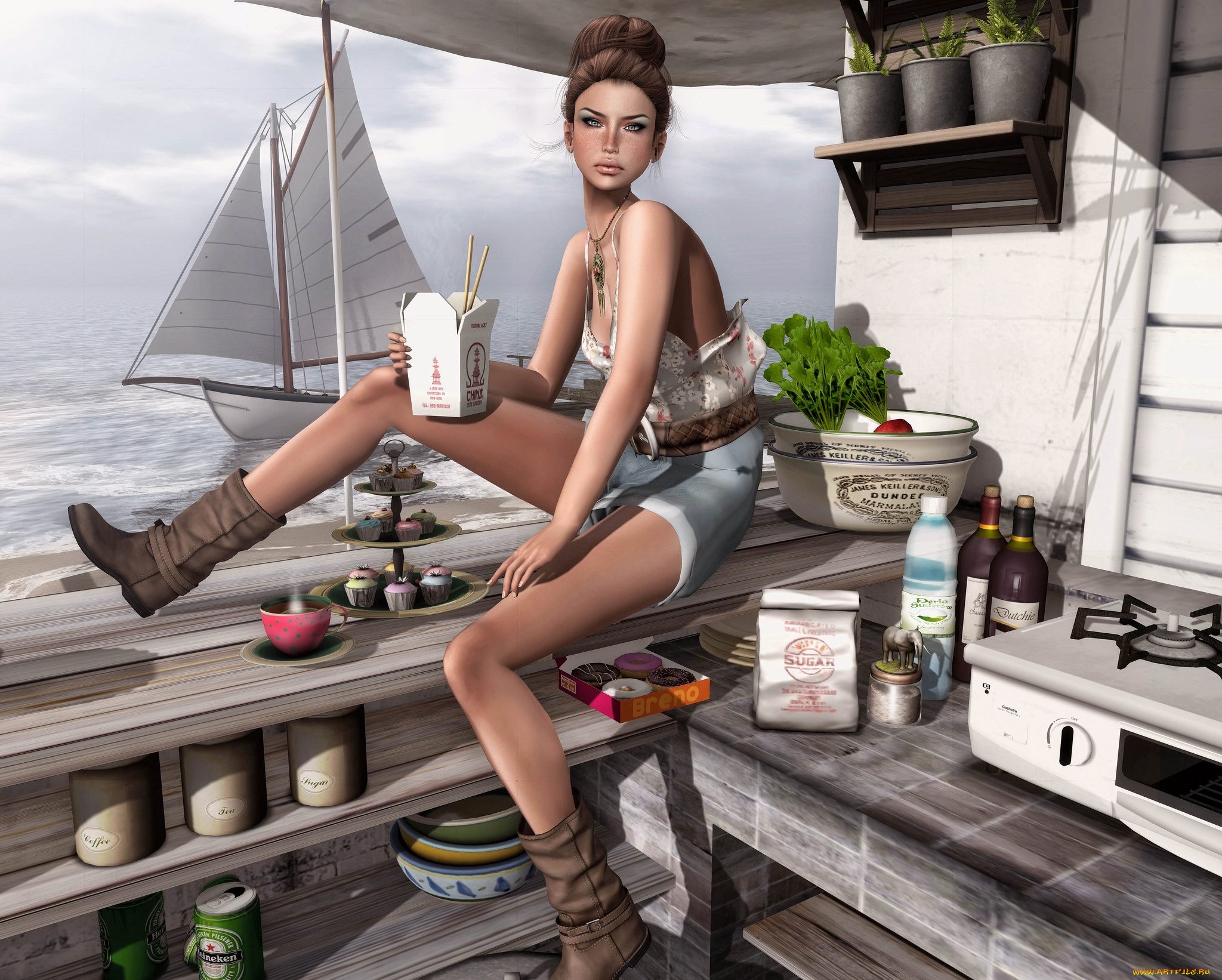 3д, графика, people, люди, девушка, парусник, еда