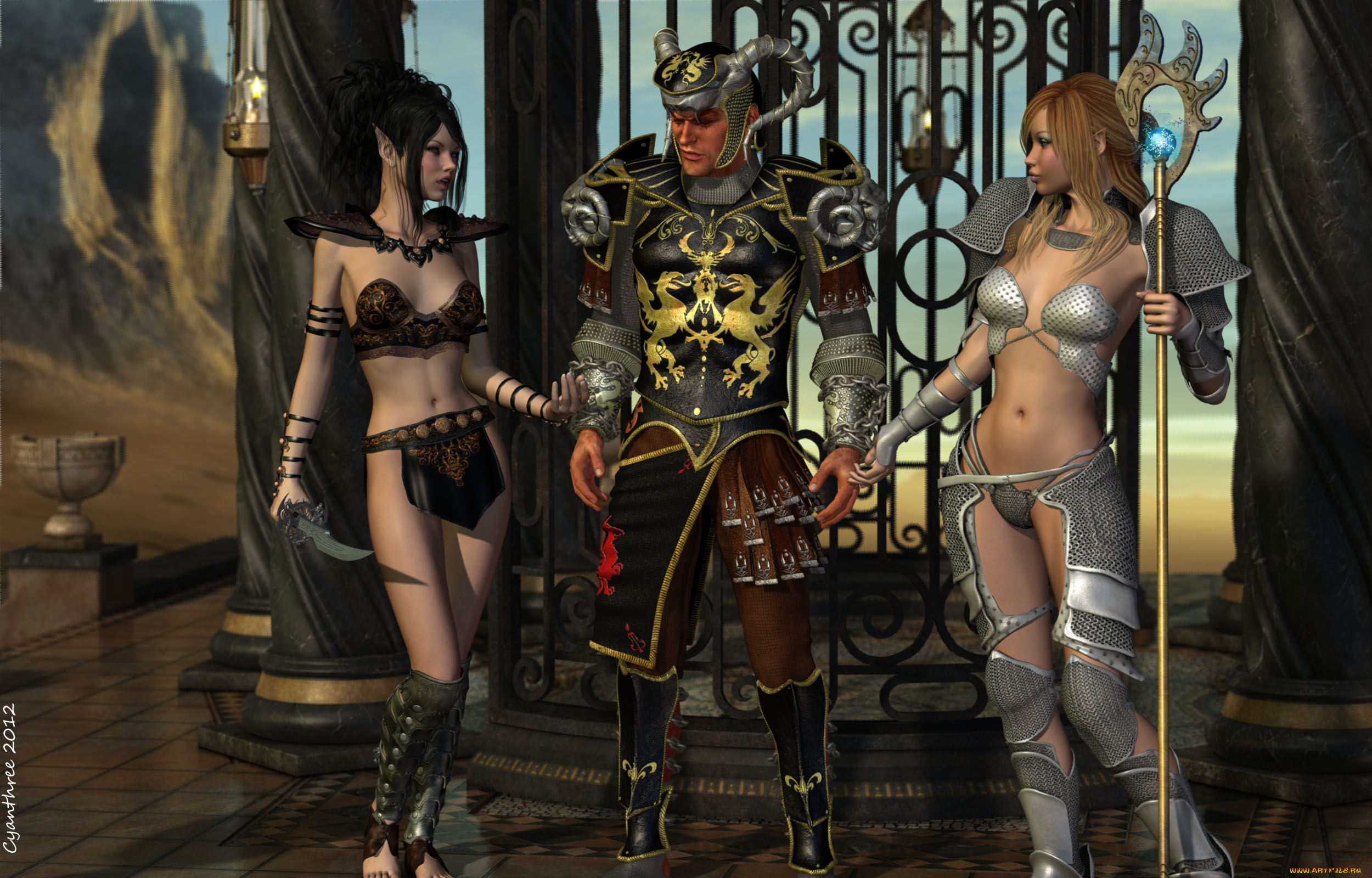 3д, графика, elves, эльфы, рыцарь, эльфийки