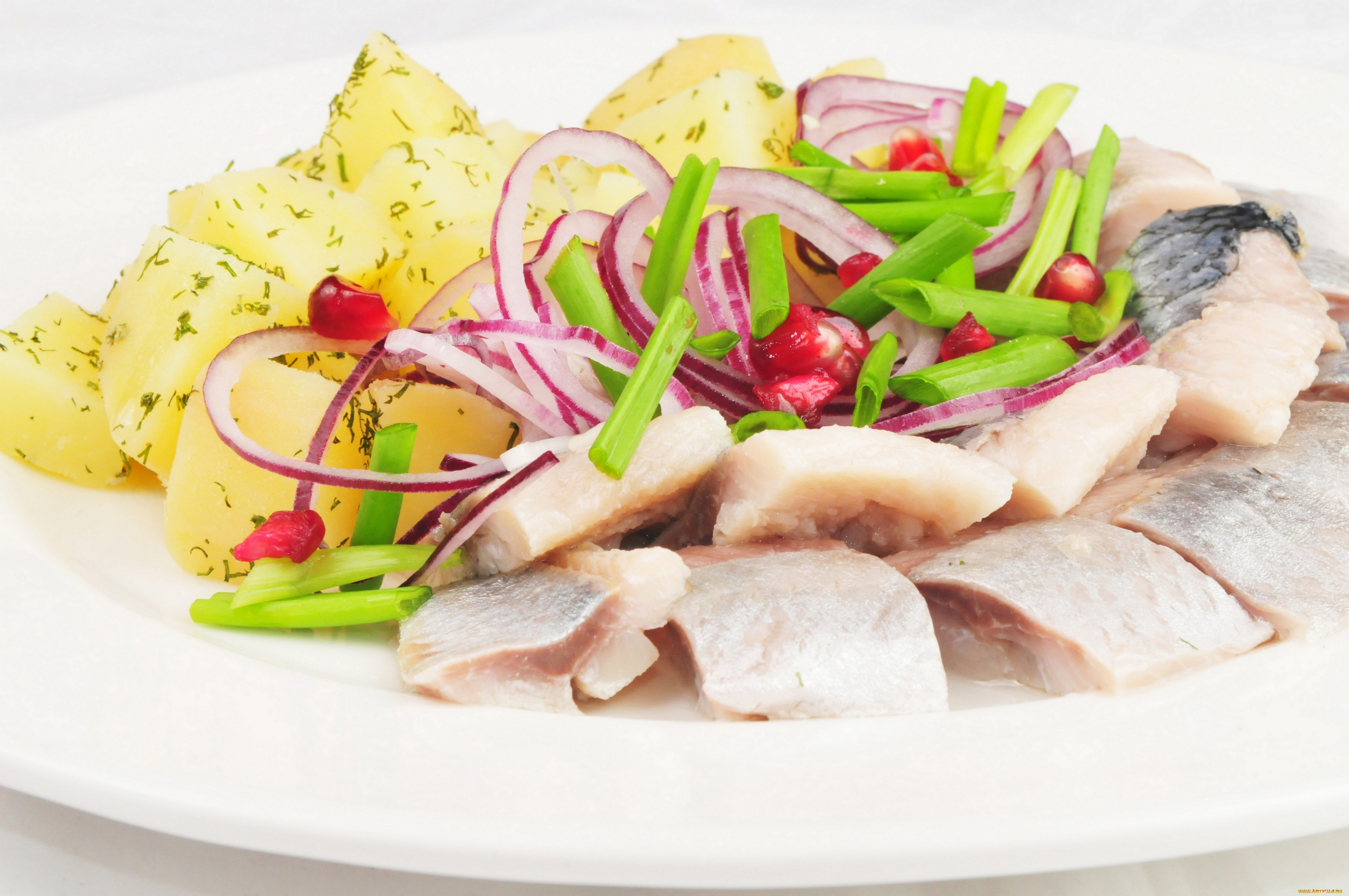 еда, рыбные, блюда, морепродуктами, картофель, лук, селёдка, тарелка