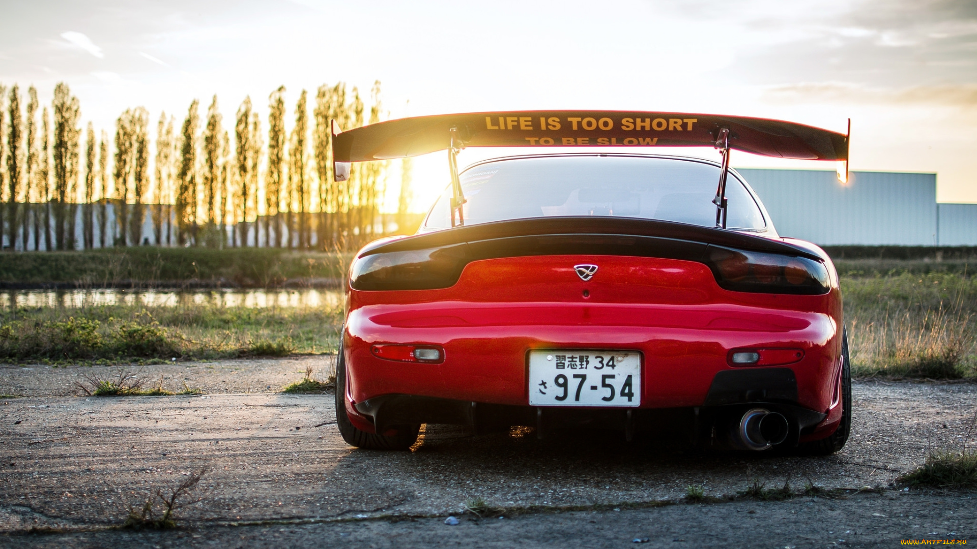 автомобили, mazda, rx-7, red, мазда, красная, задок, антикрыло, закат