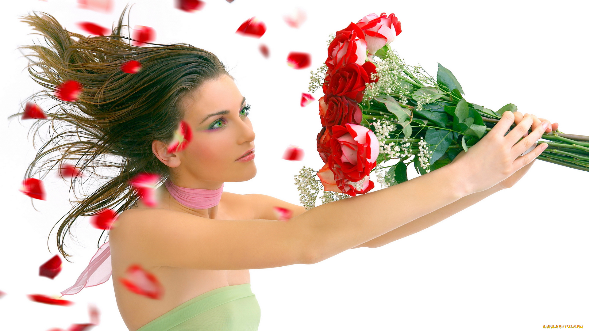 девушки, -unsort, , креатив, букет, лепестки, шарф, розы, ветер