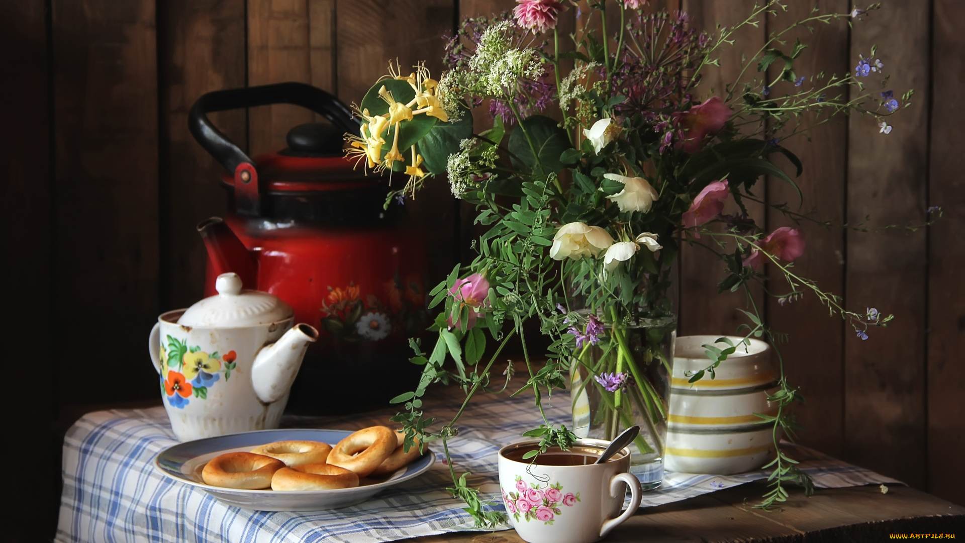 еда, натюрморт, чай, чайник, сушки, букет