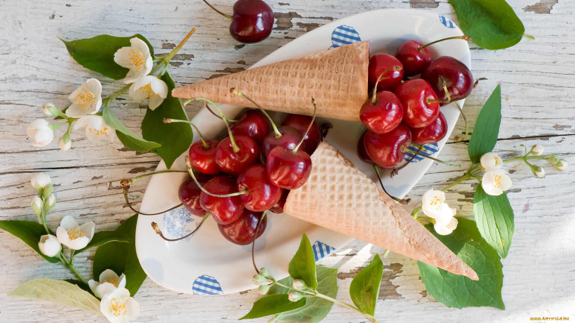 еда, вишня, , черешня, жасмин, вафли, ягоды, черешня