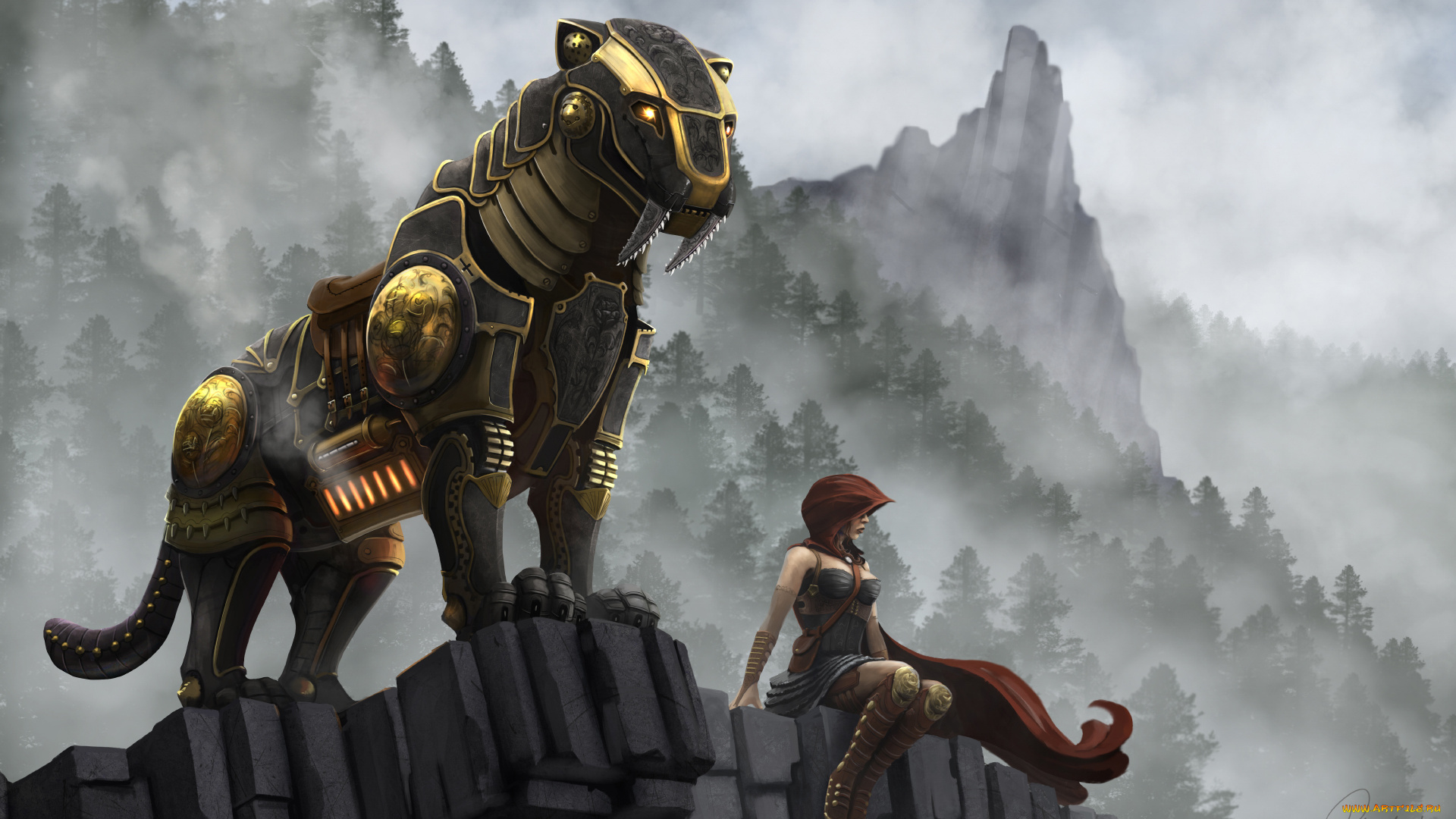 фэнтези, красавицы, и, чудовища, девушка, робот, тигр, киборг, горы, утес, саблезубый, стимпанк