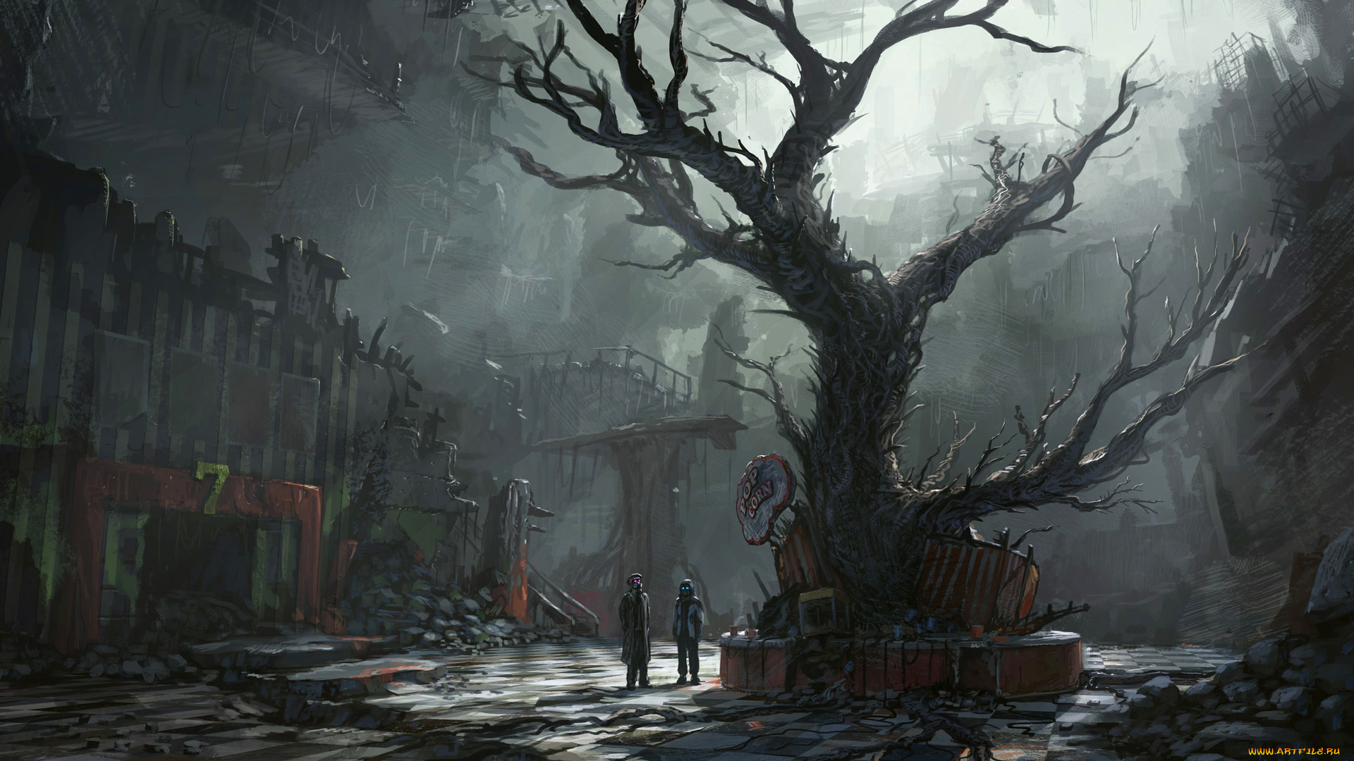 фэнтези, люди, арт, романтика, апокалипсиса, руины, лианы, дерево, сумрак
