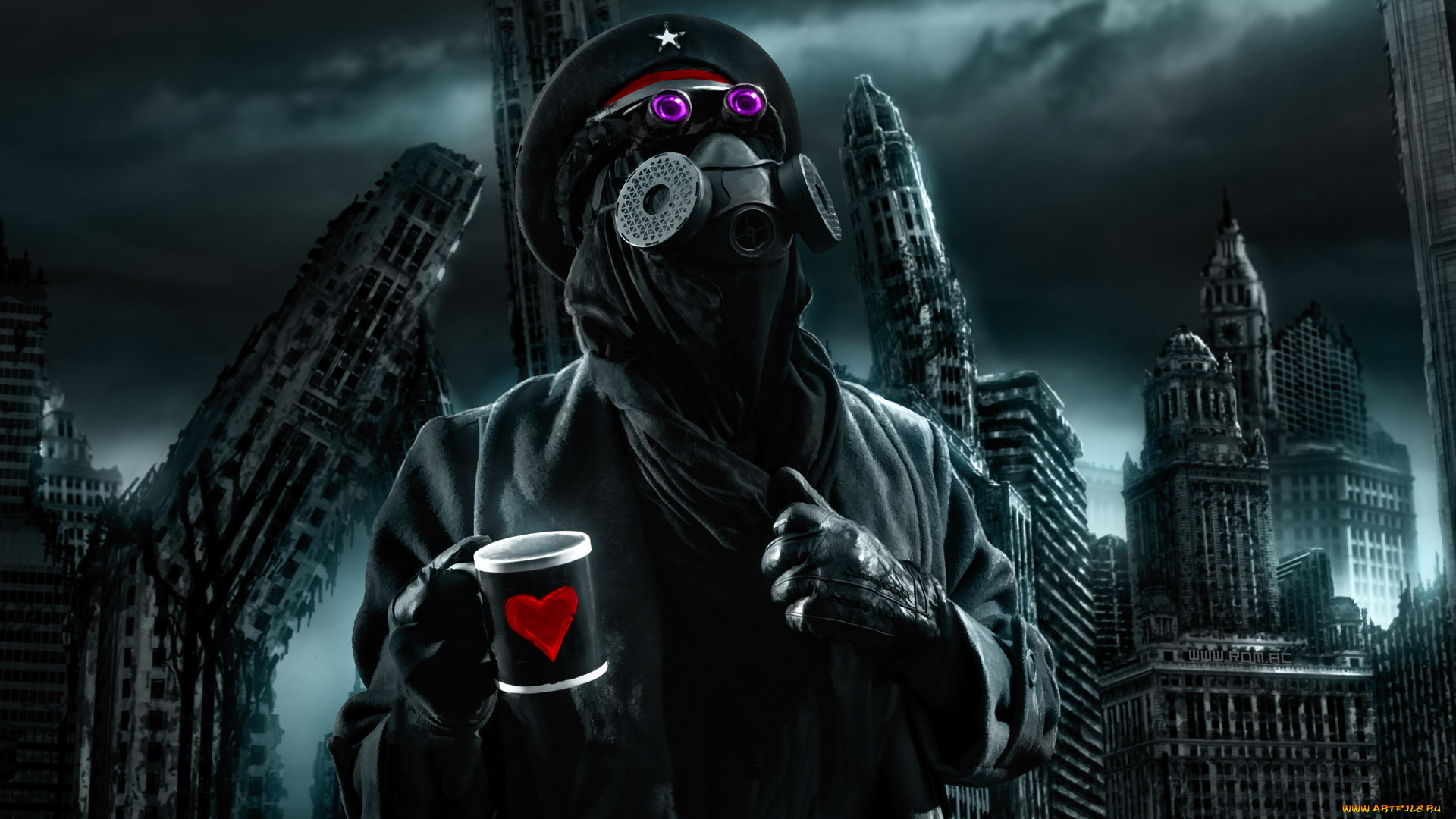 фэнтези, люди, чашка, противогаз, город, разрушение, конец, апокалипсис, капитан