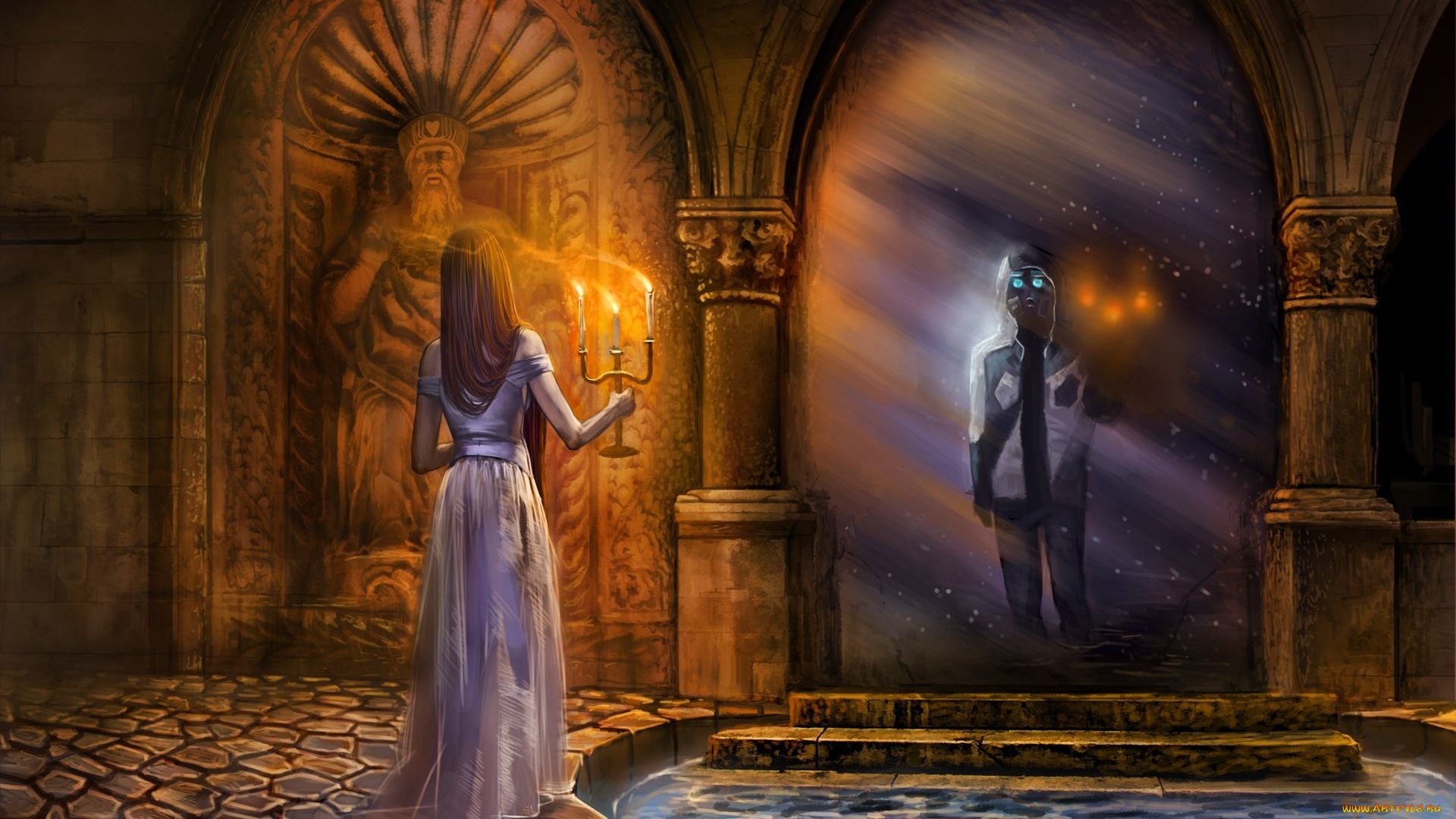 фэнтези, люди, романтика, апокалипсиса, alexiuss, арт, зеркало, девушка, снайпер, свечи, статуя, вода, противогаз