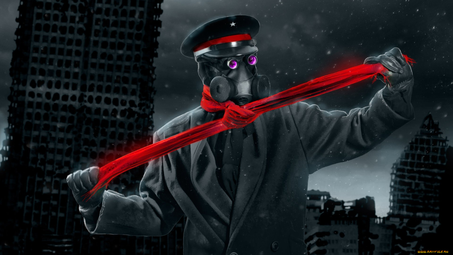 фэнтези, люди, романтика, апокалипсиса, руины, alexiuss, арт, город, шарф, капитан, противогаз