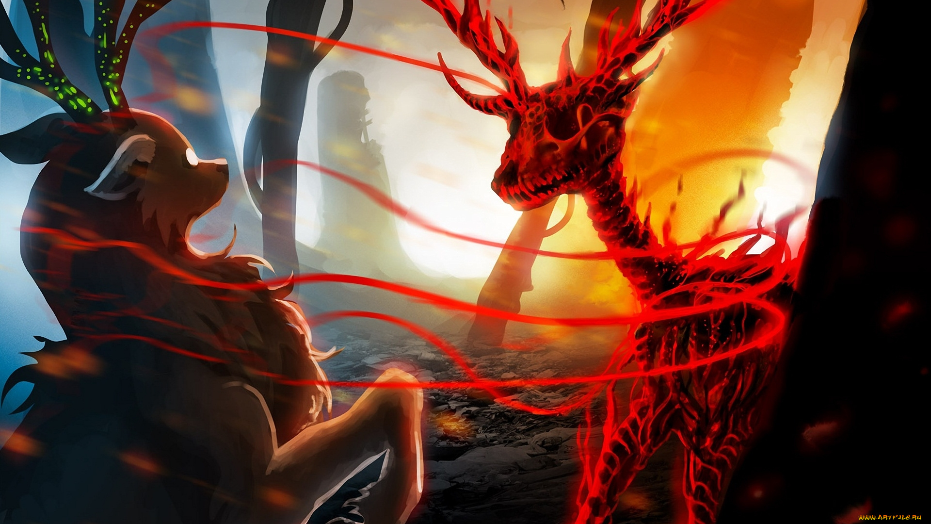 фэнтези, нежить, скелет, животное, alexiuss, романтика, апокалипсиса, радиация, арт, олени