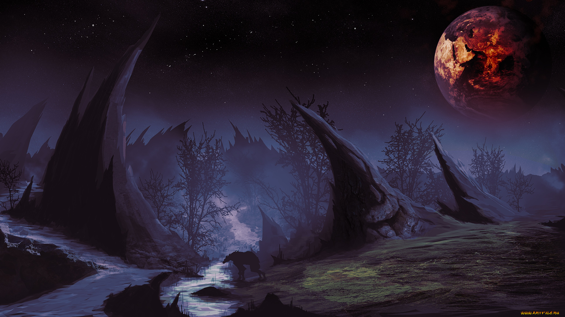 фэнтези, пейзажи, горы, река, планета