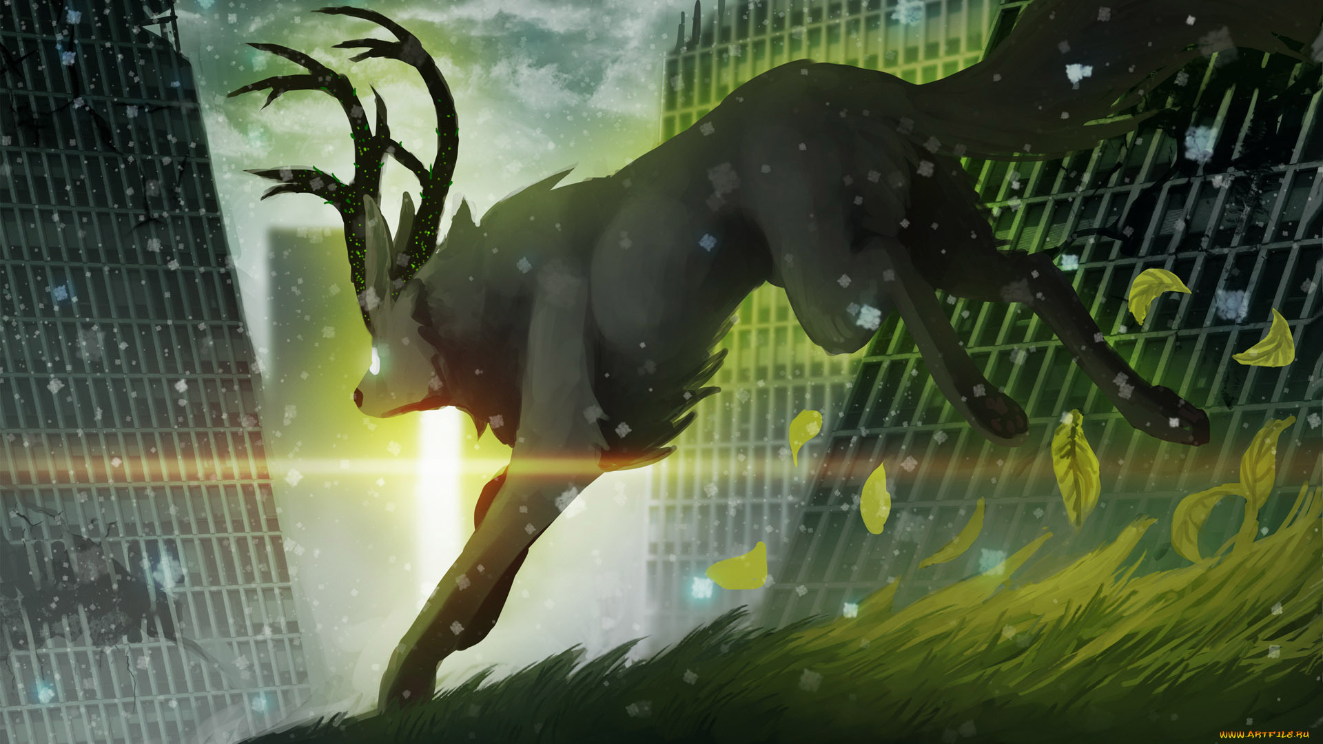 фэнтези, существа, alexiuss, руины, солнечный, свет, трава, листья, арт, романтика, апокалипсиса, снег, здания, рога, животное