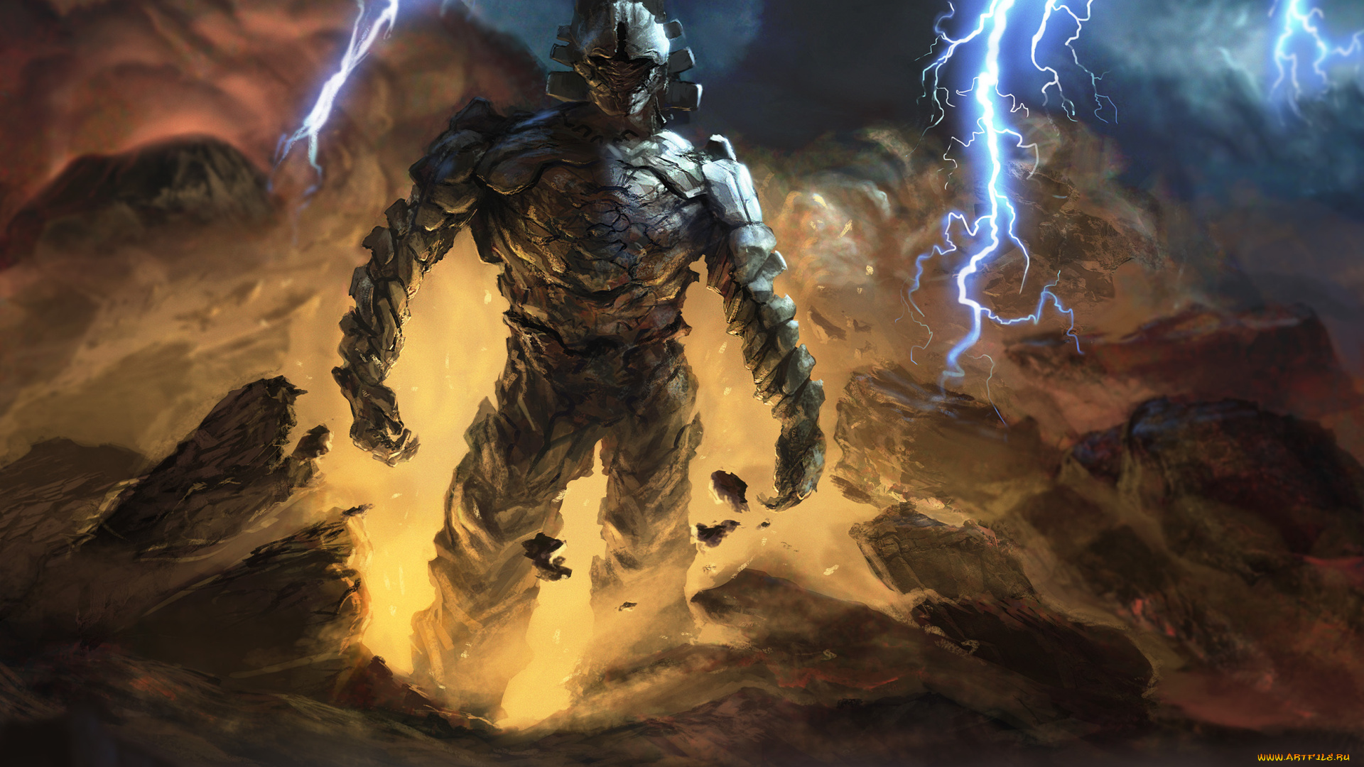 фэнтези, существа, обломки, молнии, камни, земля, гигант