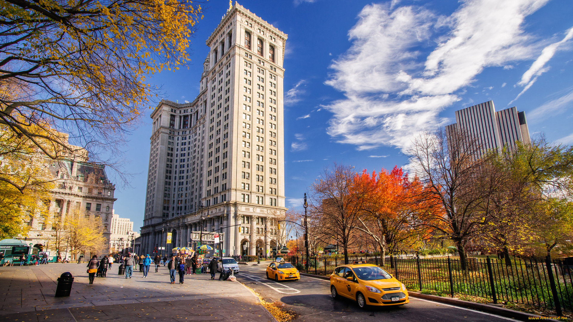 города, нью-йорк, , сша, небо, люди, машины, такси, улица, здания, дома, облака, дорога, город, небоскребы, парк, осень, манхэттен