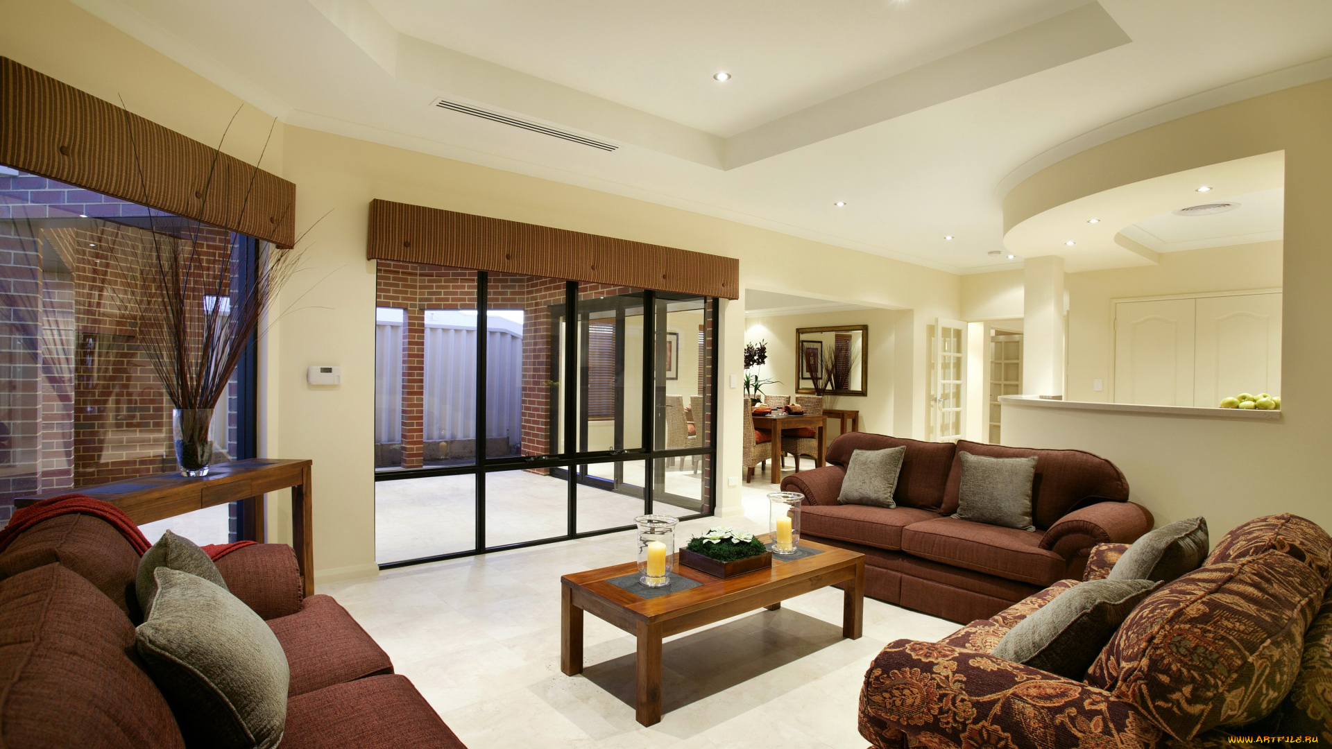 интерьер, гостиная, камин, кресло, диван, ковер