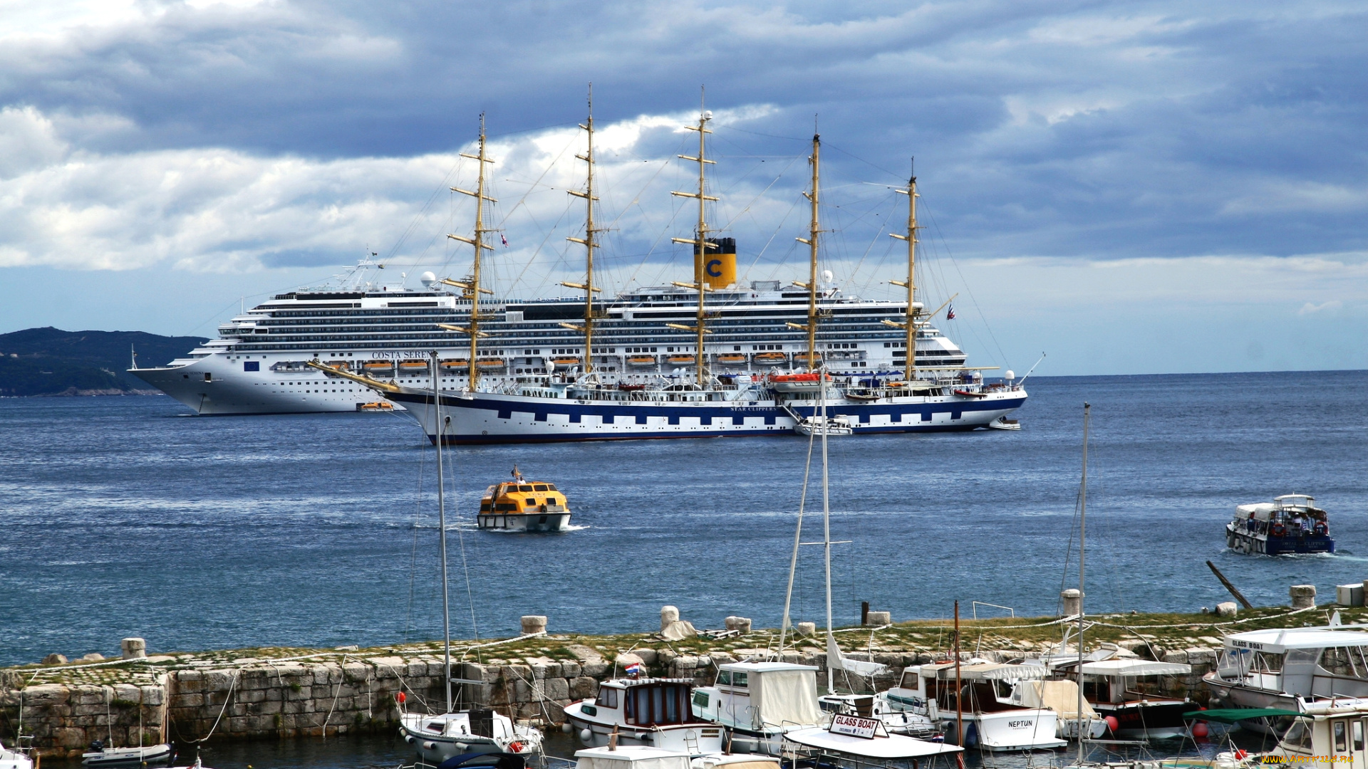 корабли, разные, вместе, парусник, лайнер