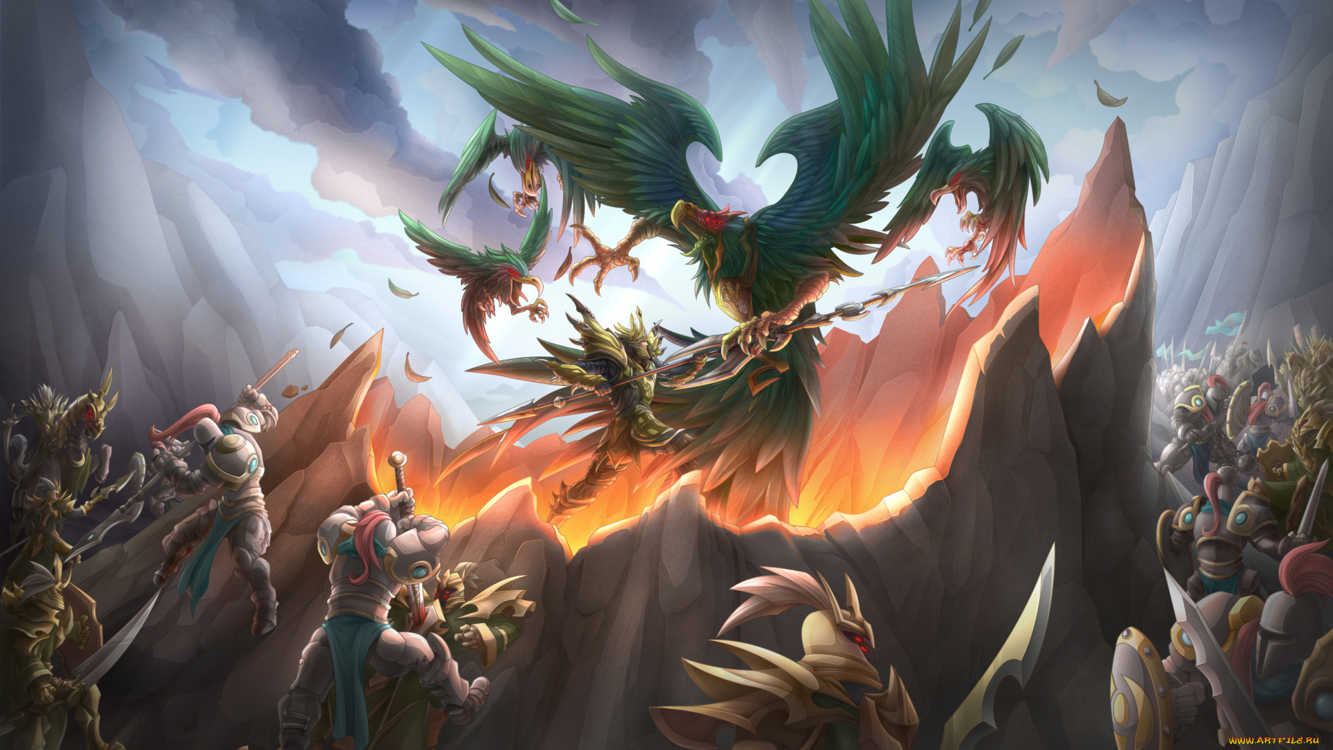 league, of, legends, фэнтези, люди, орлы, роботы, воины, борьба, горы, кратер