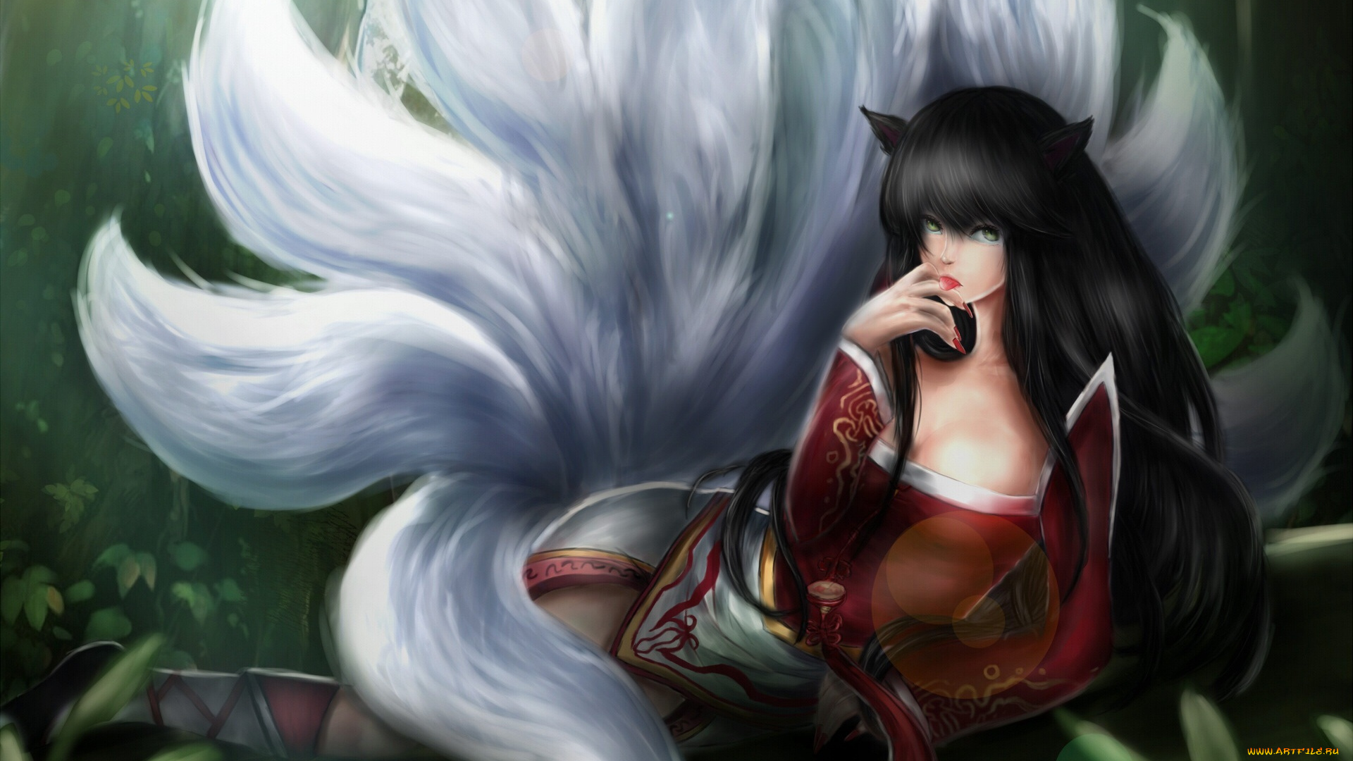 league, of, legends, фэнтези, существа, девушка, ahri, жест, лисица, хвосты, лес, league, of, legends