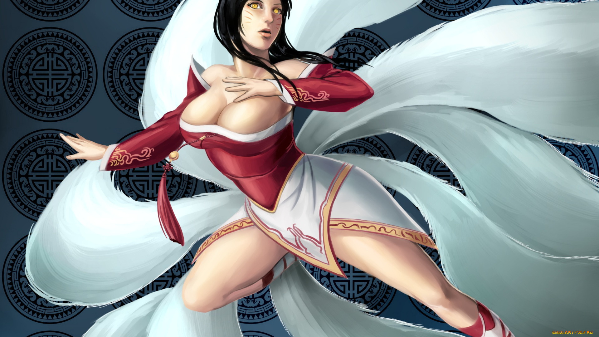 league, of, legends, фэнтези, существа, девушка, ahri, лисица, хвосты, грудь, жест, прыжок, league, of, legends