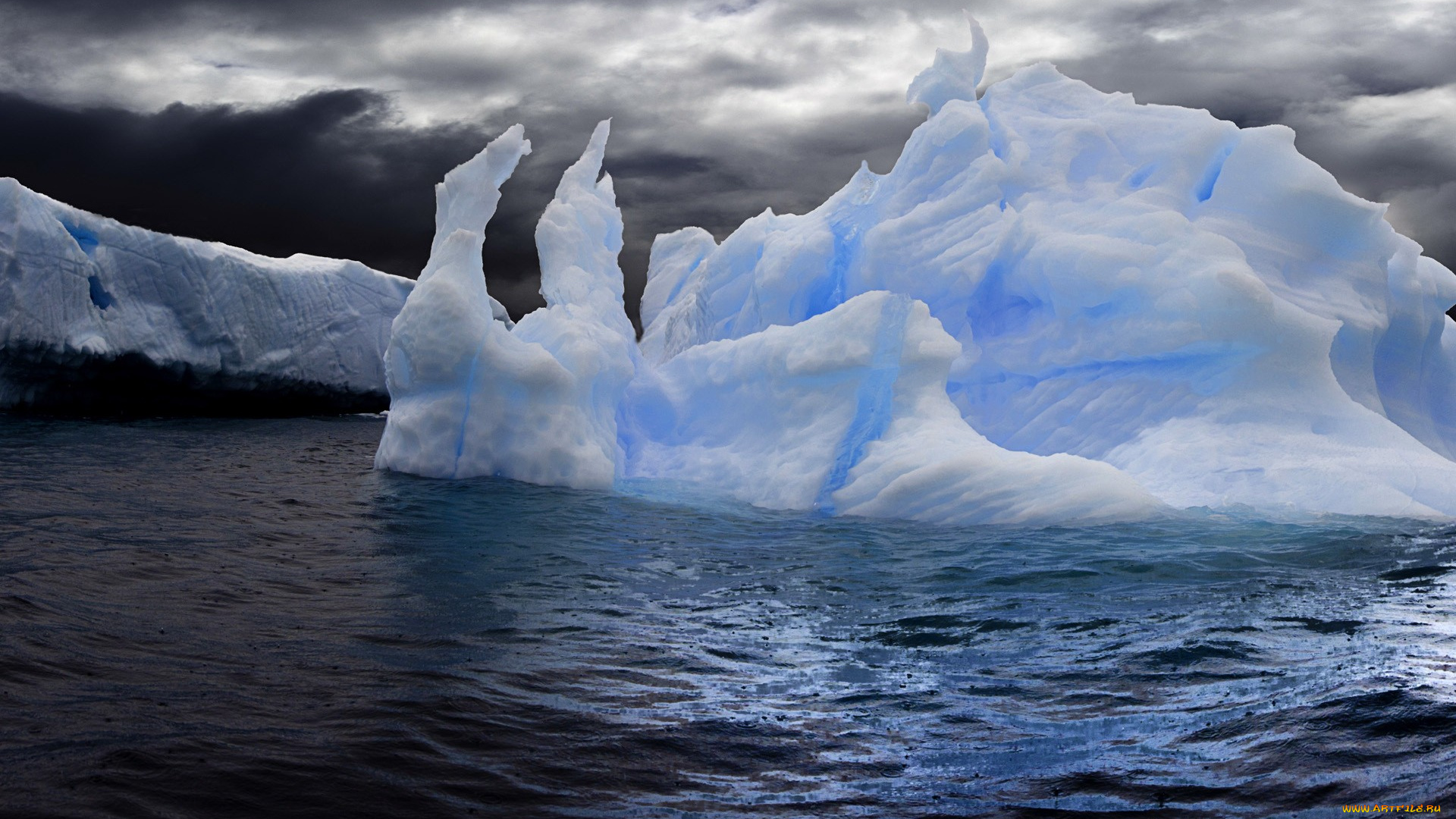 природа, айсберги, и, ледники, айсберг, лед, море, тучи, пнорама, небо