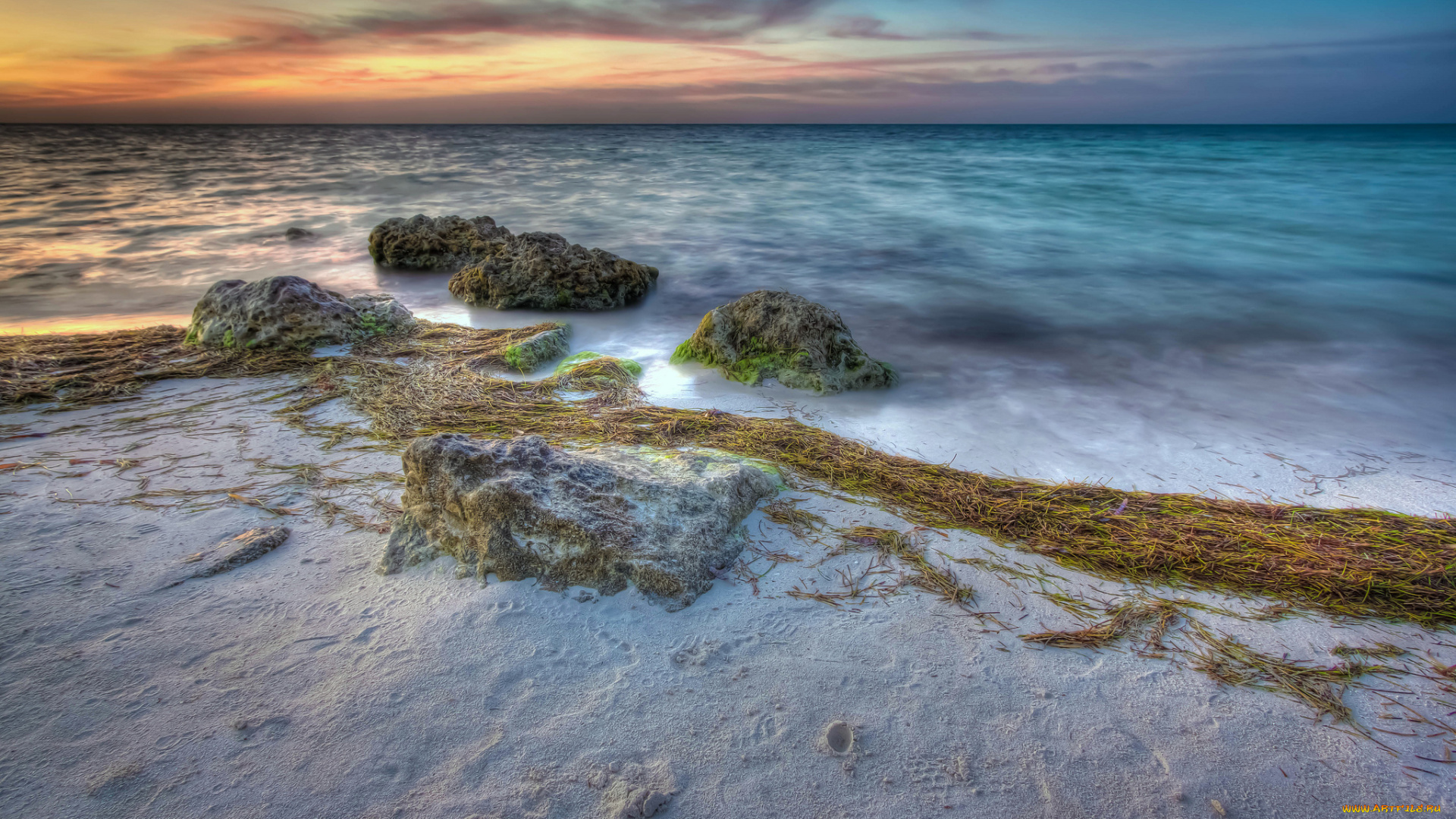 природа, побережье, океан, пляж, горизонт, заря