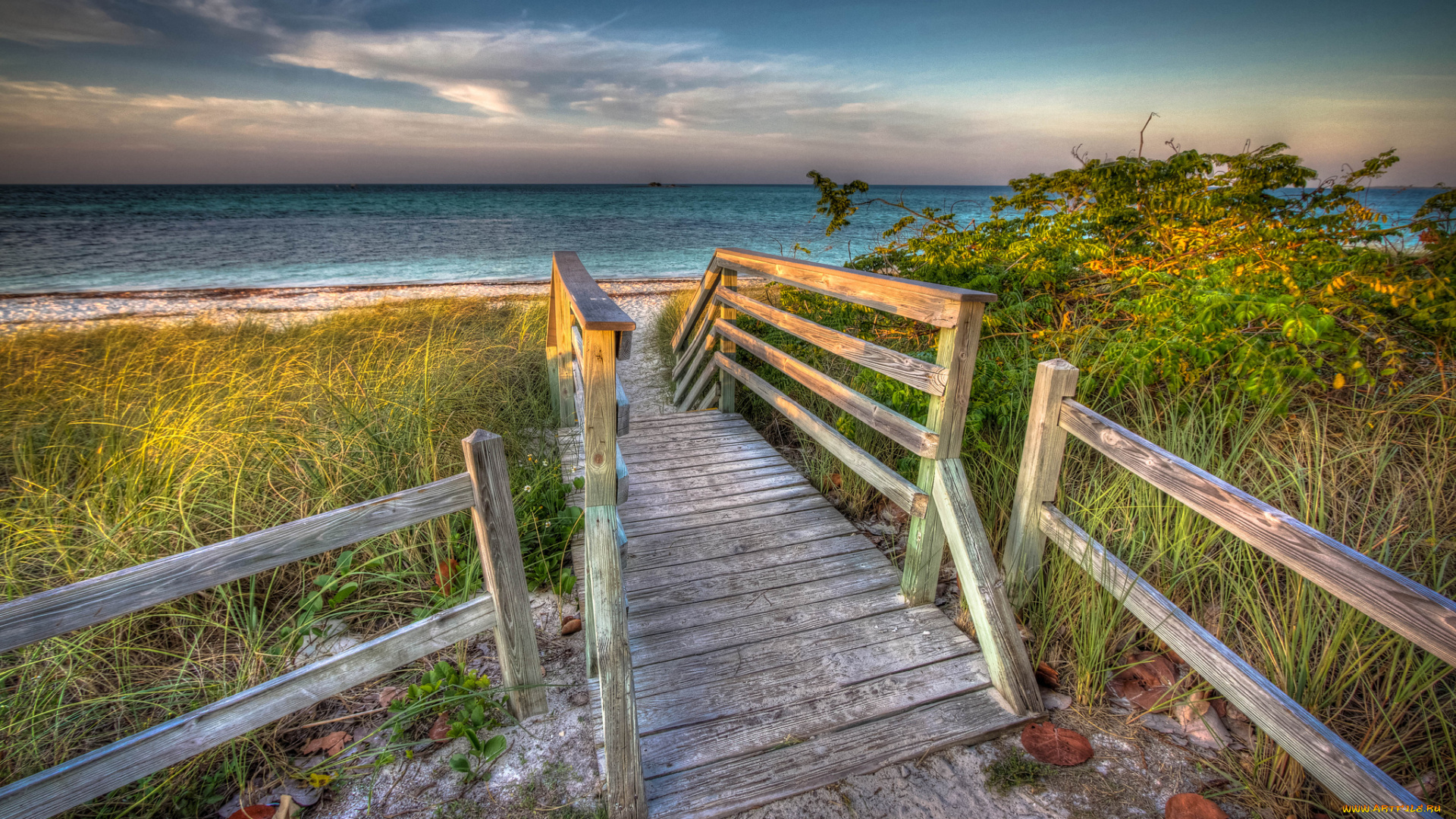 природа, побережье, океан, пляж, мостик, горизонт