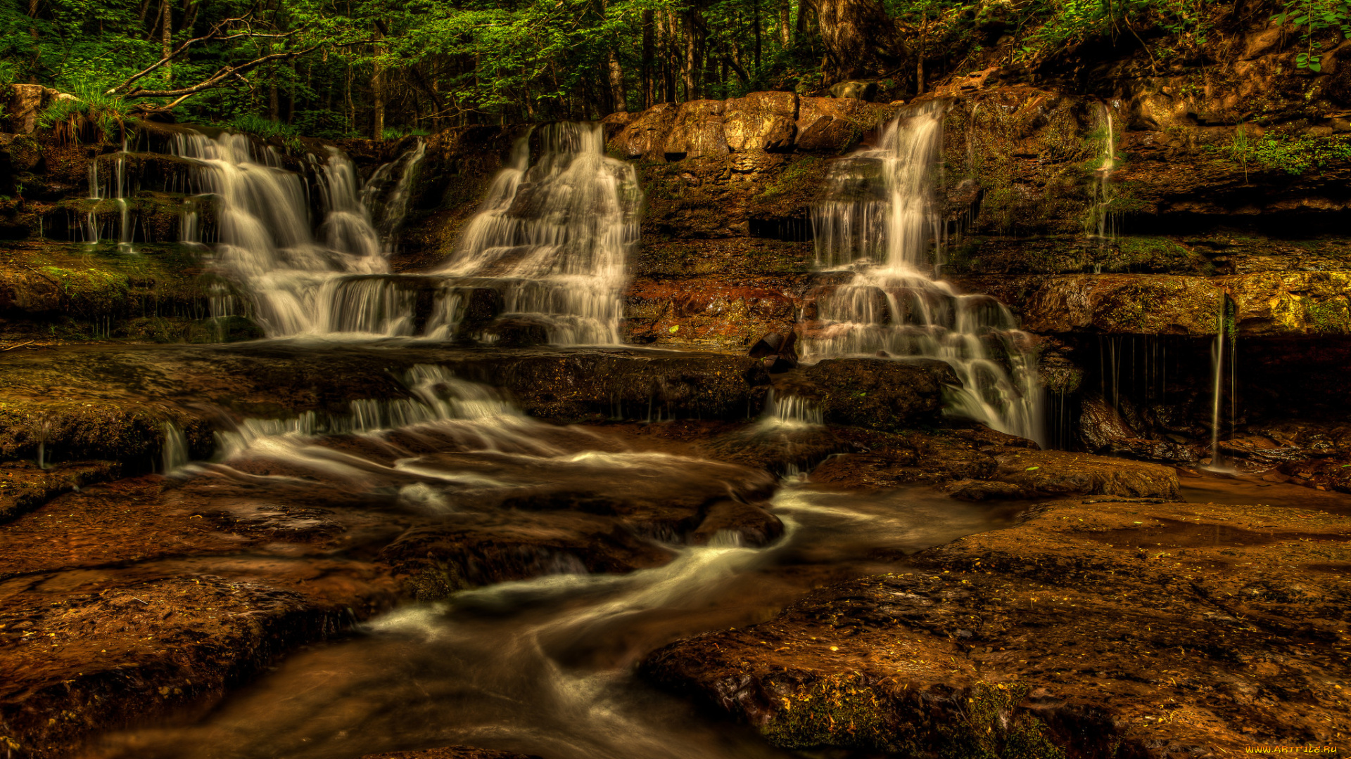 природа, водопады, река, водопад, лес