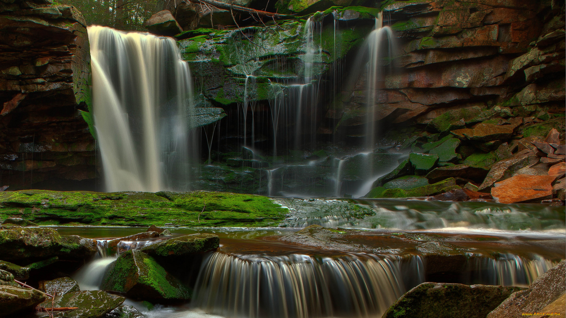 природа, водопады, река, водопад, лес