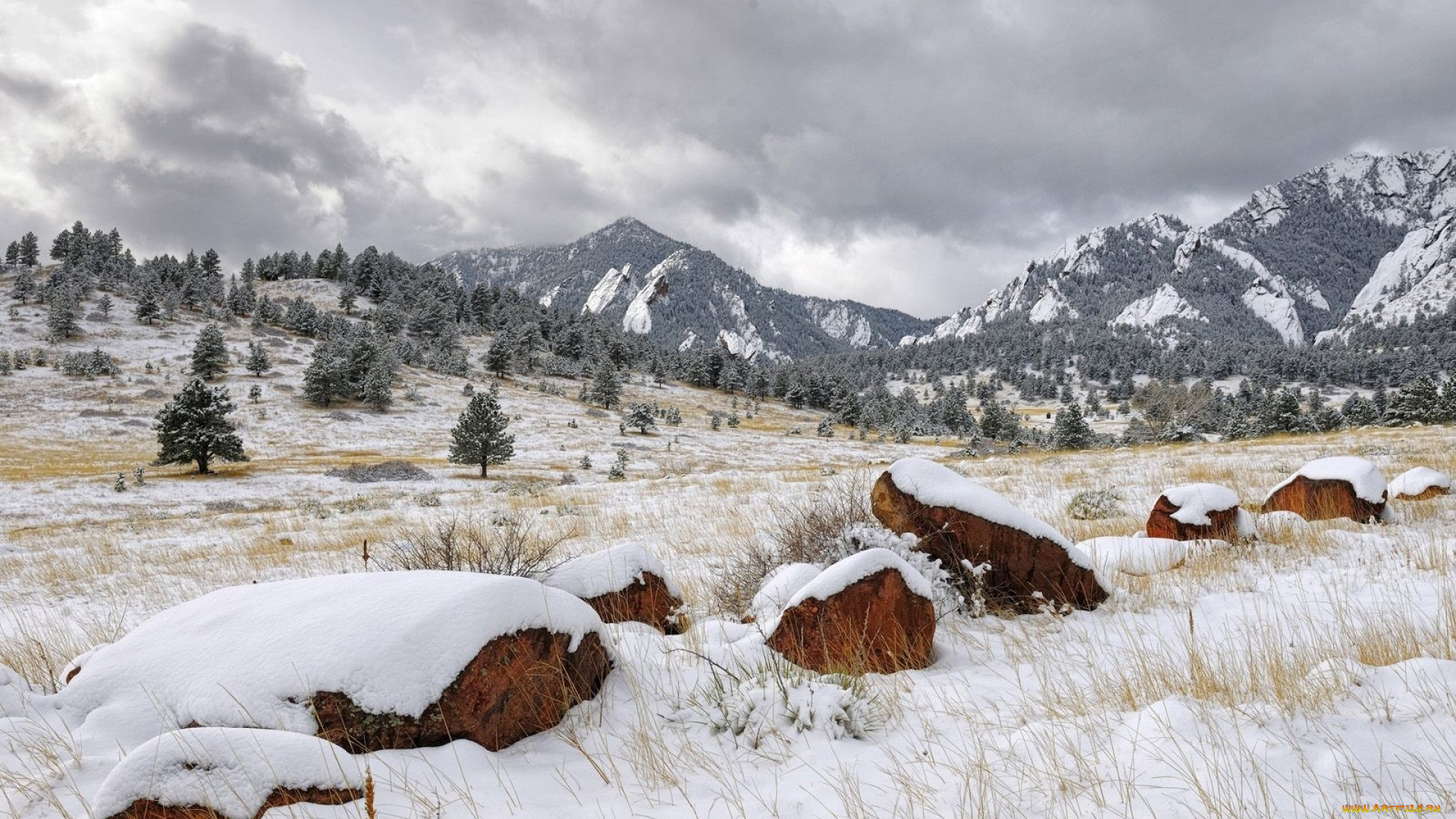 природа, зима, снег, камни, деревья, горы