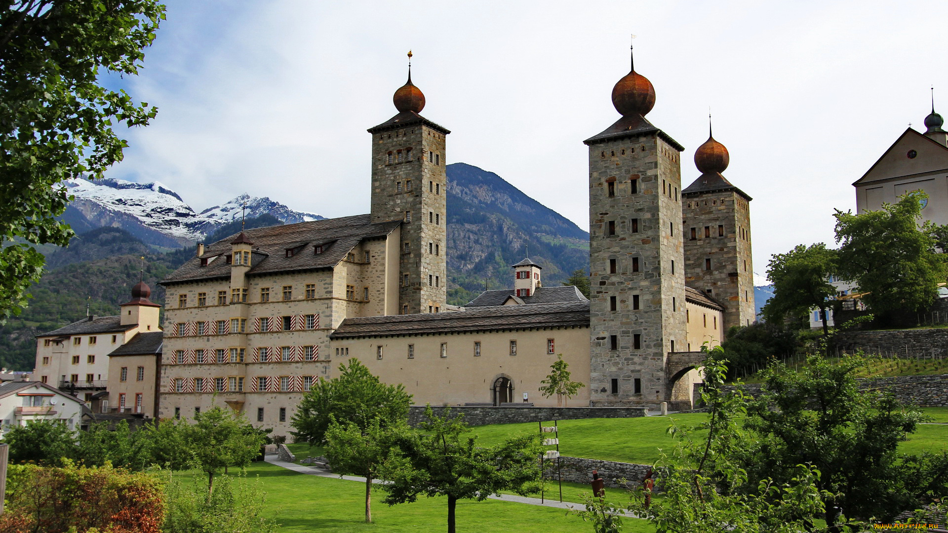 швейцария, stockalper, palace, города, -, дворцы, , замки, , крепости, ландшафт, palace, stockalper, brig, швейцария, газон