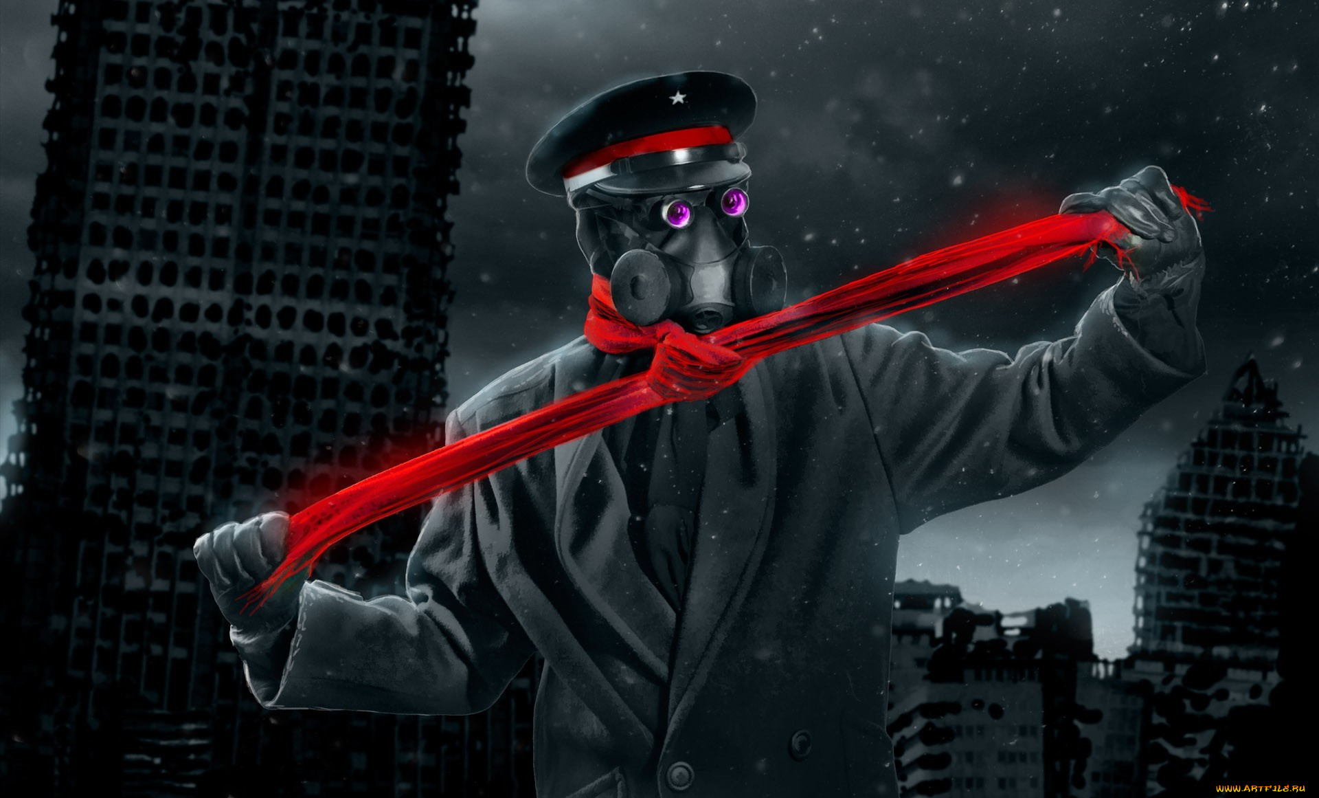 фэнтези, люди, романтика, апокалипсиса, руины, alexiuss, арт, город, шарф, капитан, противогаз