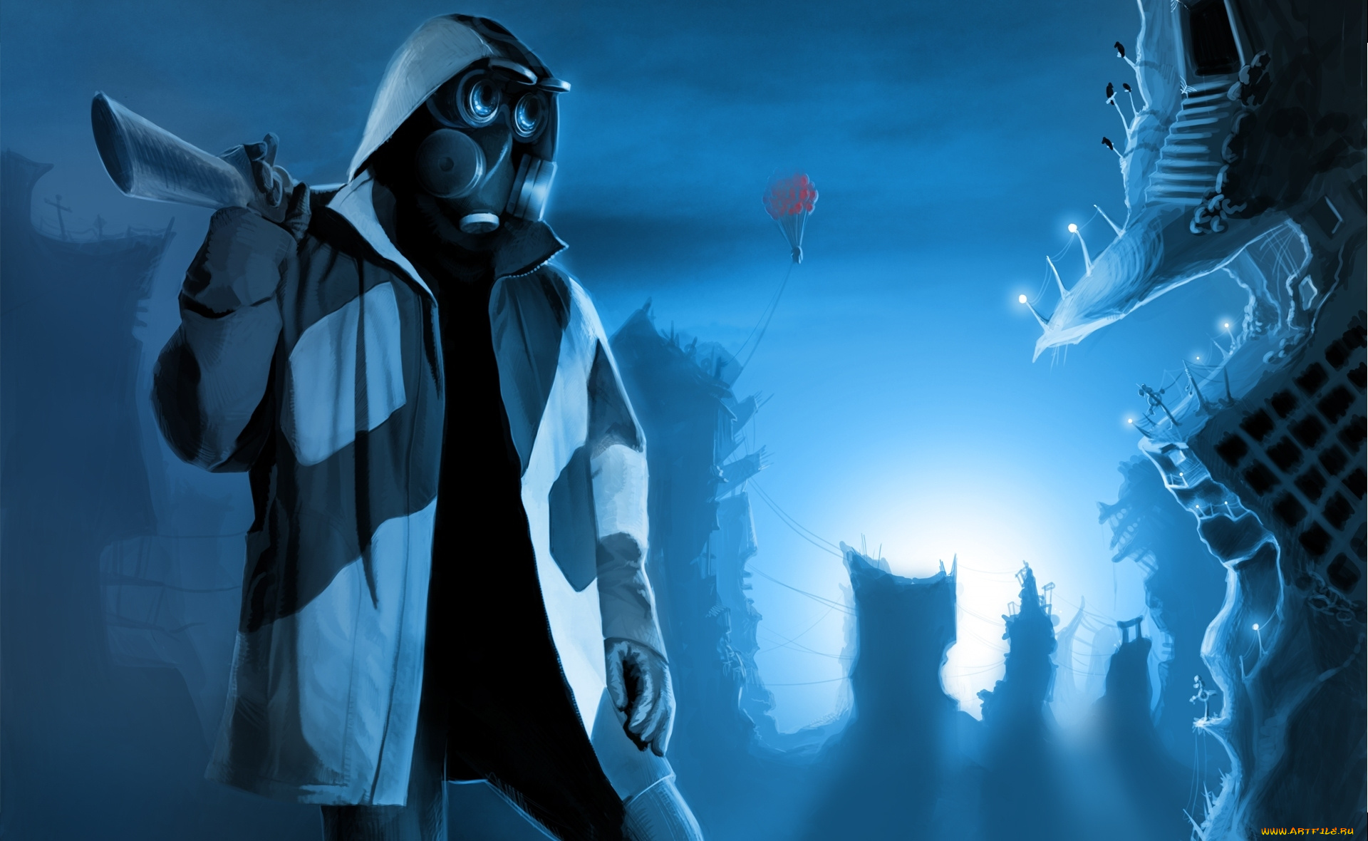 фэнтези, люди, человек, оружие, парень, очки, капюшон, куртка