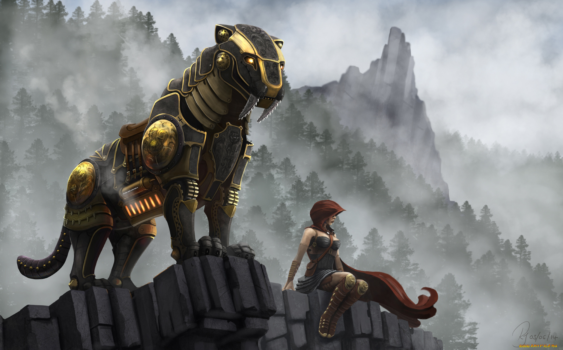 фэнтези, красавицы, и, чудовища, девушка, робот, тигр, киборг, горы, утес, саблезубый, стимпанк