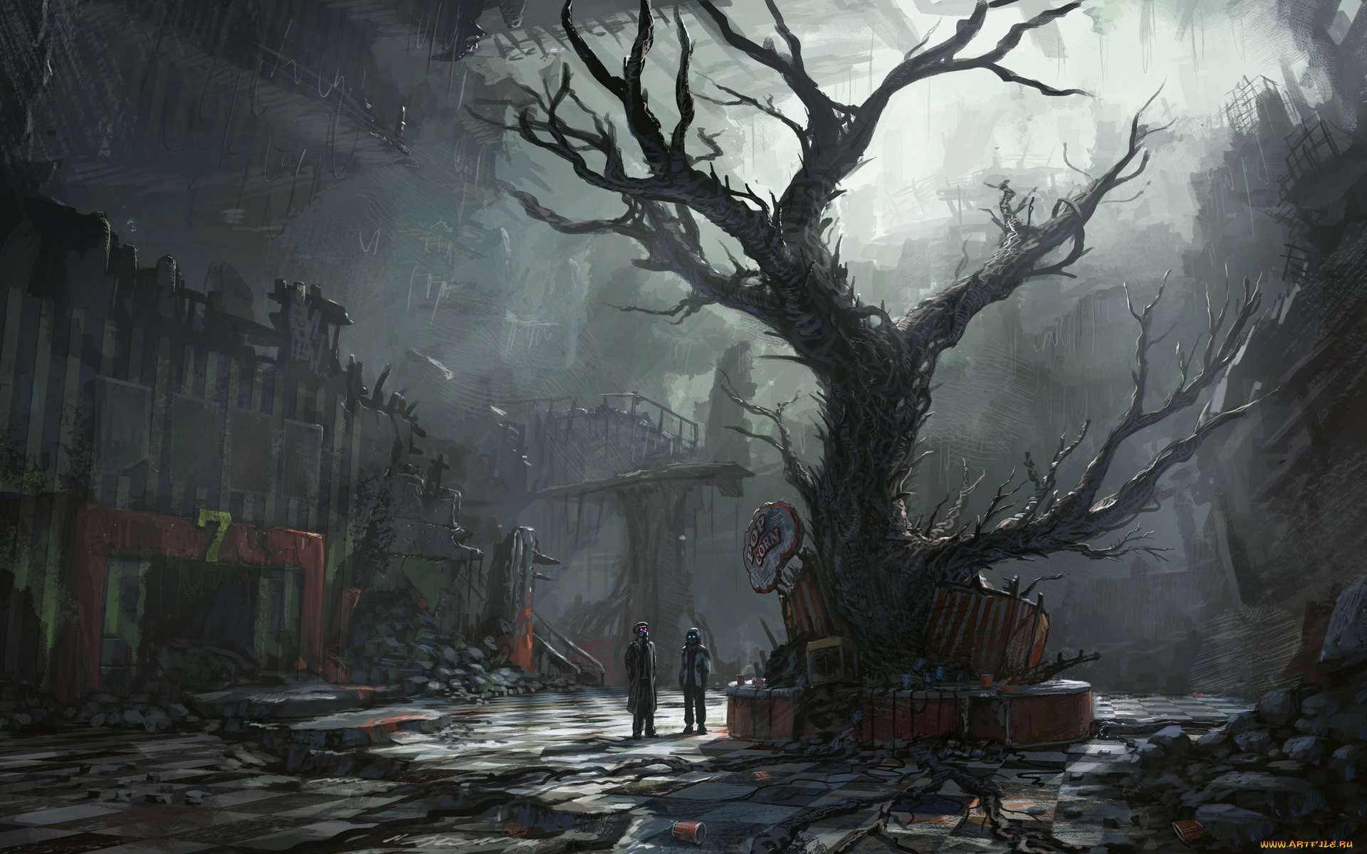 фэнтези, люди, арт, романтика, апокалипсиса, руины, лианы, дерево, сумрак