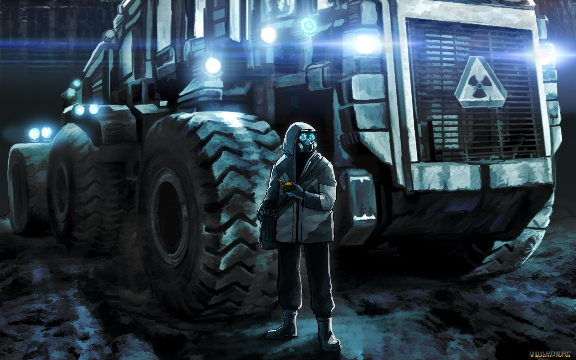 фэнтези, люди, человек, арт, грузовая, машина, куртка, противогаз