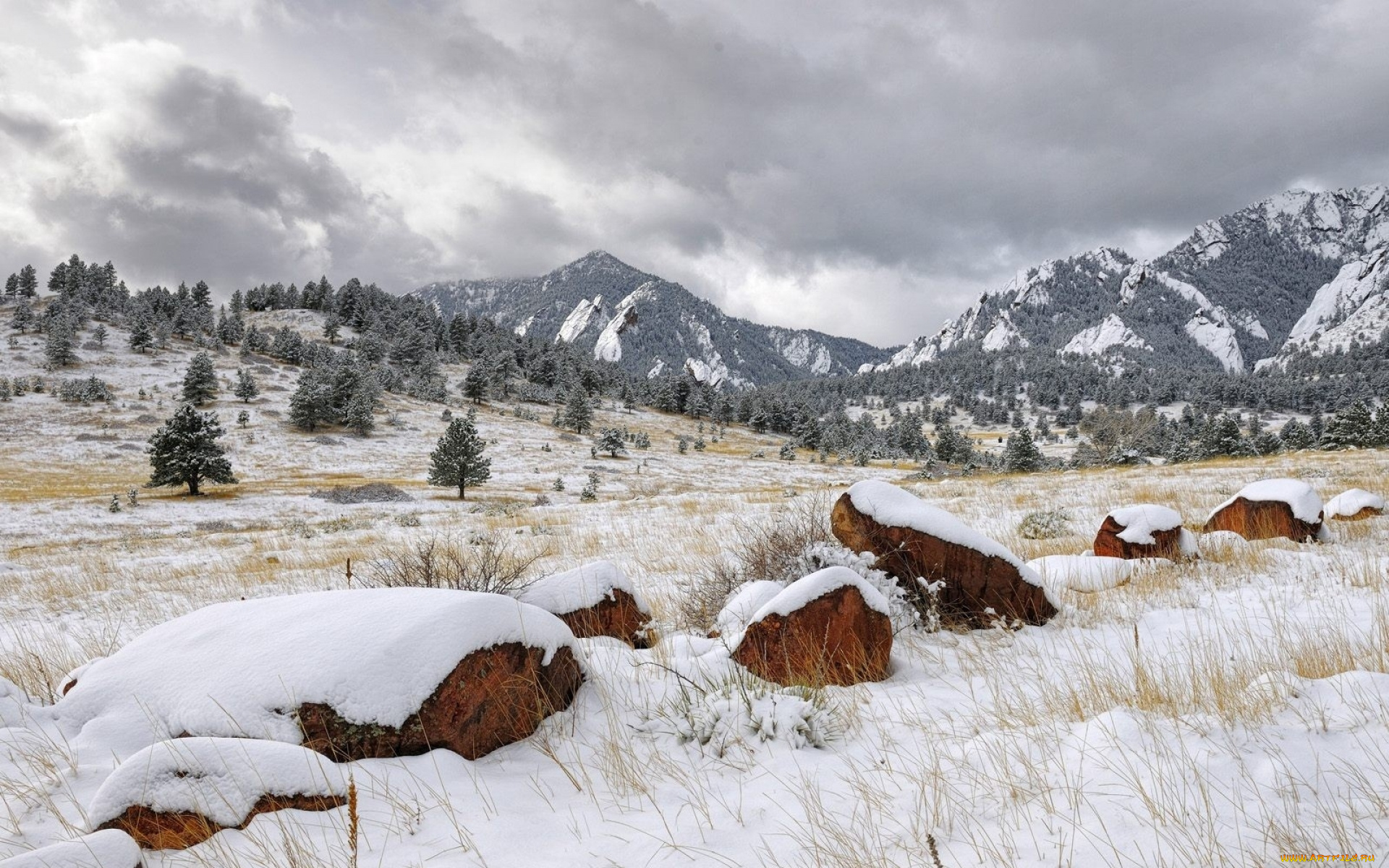 природа, зима, снег, камни, деревья, горы