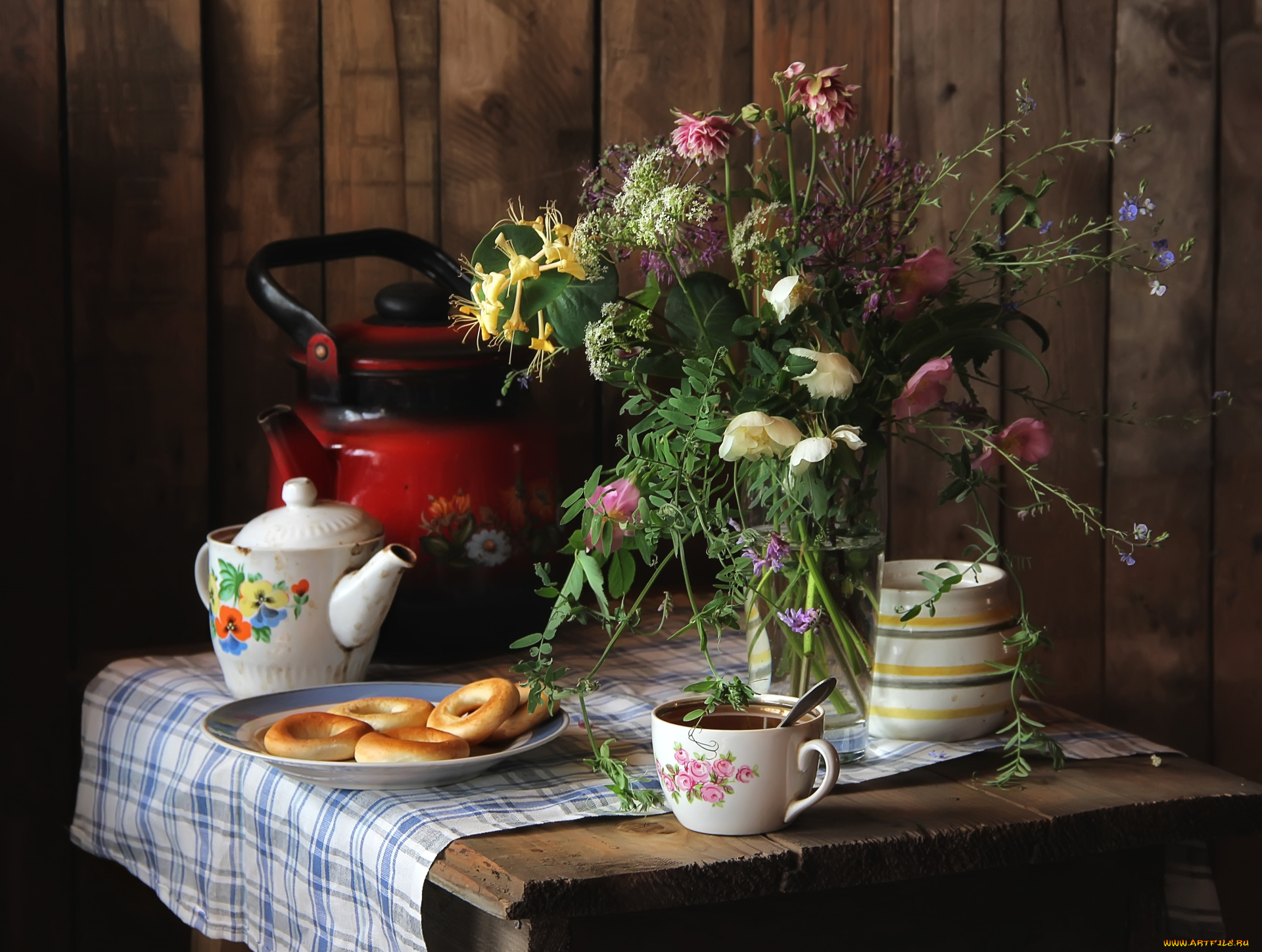 еда, натюрморт, чай, чайник, сушки, букет