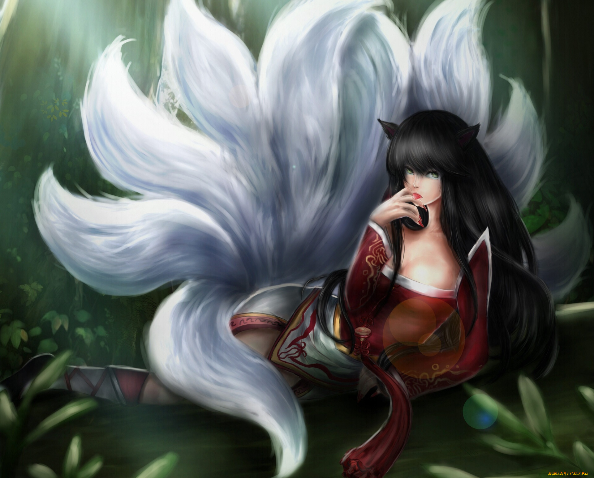 league, of, legends, фэнтези, существа, девушка, ahri, жест, лисица, хвосты, лес, league, of, legends