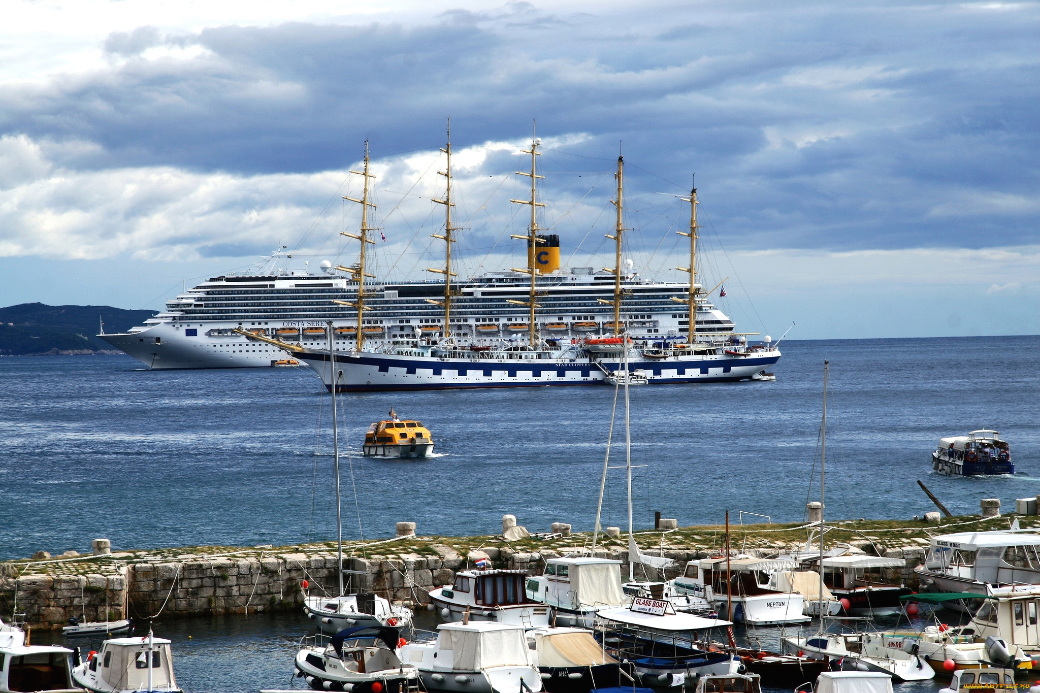 корабли, разные, вместе, парусник, лайнер