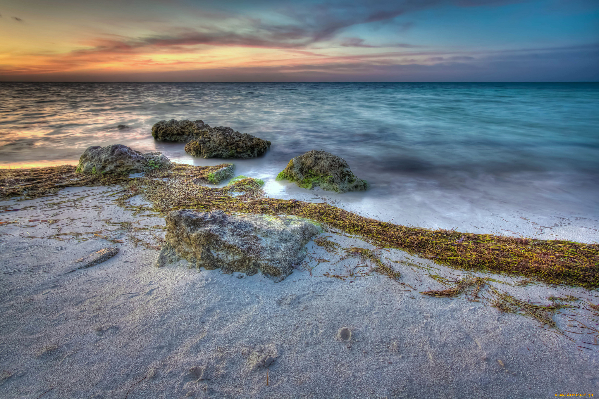 природа, побережье, океан, пляж, горизонт, заря