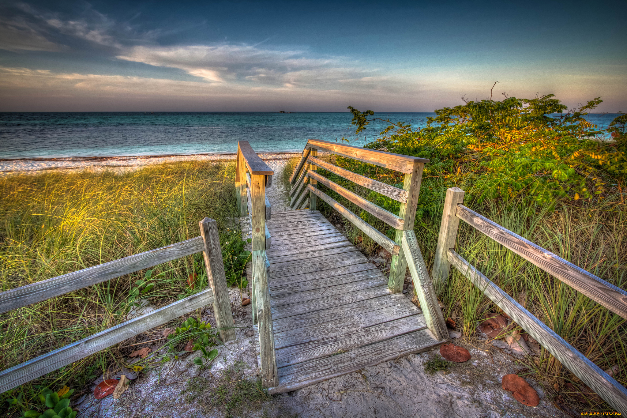 природа, побережье, океан, пляж, мостик, горизонт