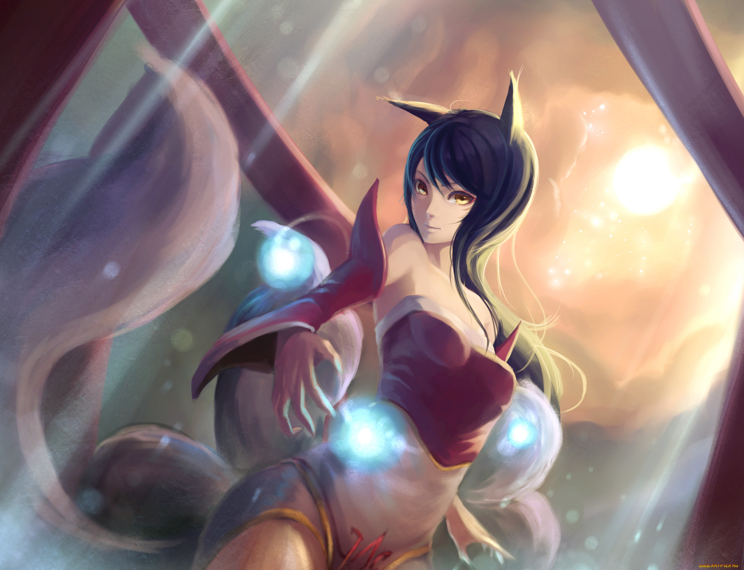 league, of, legends, фэнтези, магия, девушка, ahri, лисичка, хвосты, league, of, legends